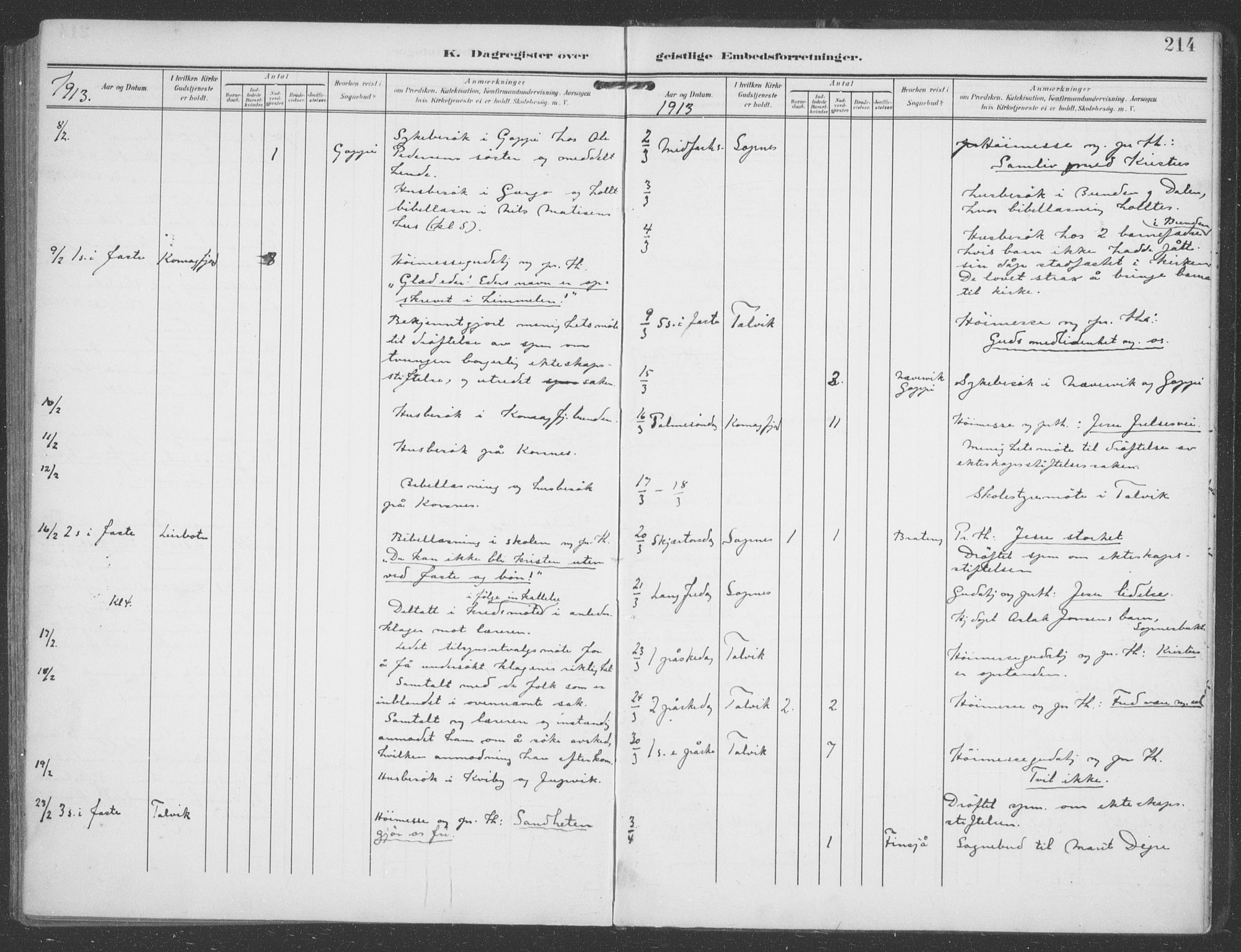 Talvik sokneprestkontor, AV/SATØ-S-1337/H/Ha/L0017kirke: Parish register (official) no. 17, 1906-1915, p. 214