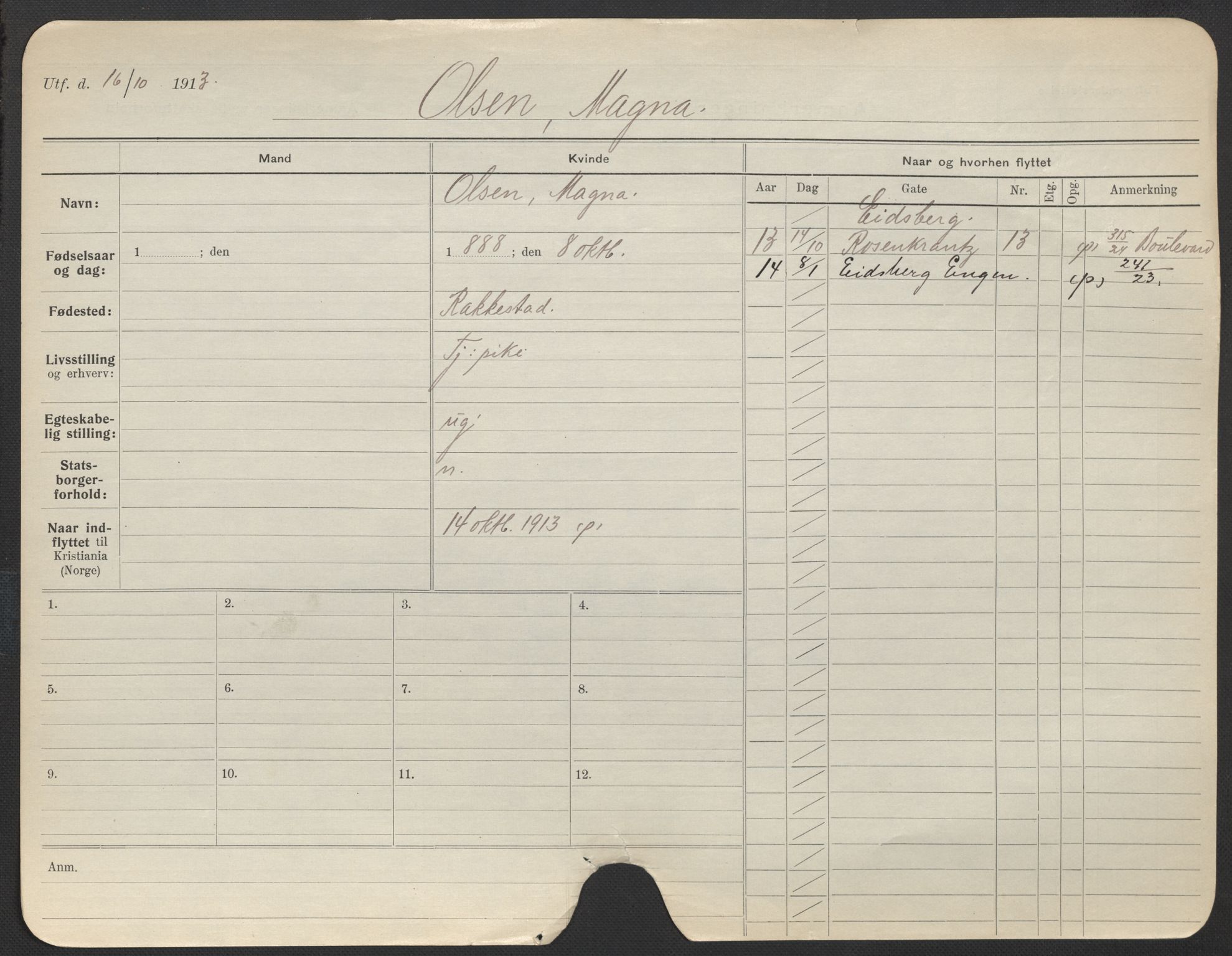 Oslo folkeregister, Registerkort, AV/SAO-A-11715/F/Fa/Fac/L0022: Kvinner, 1906-1914, p. 101a