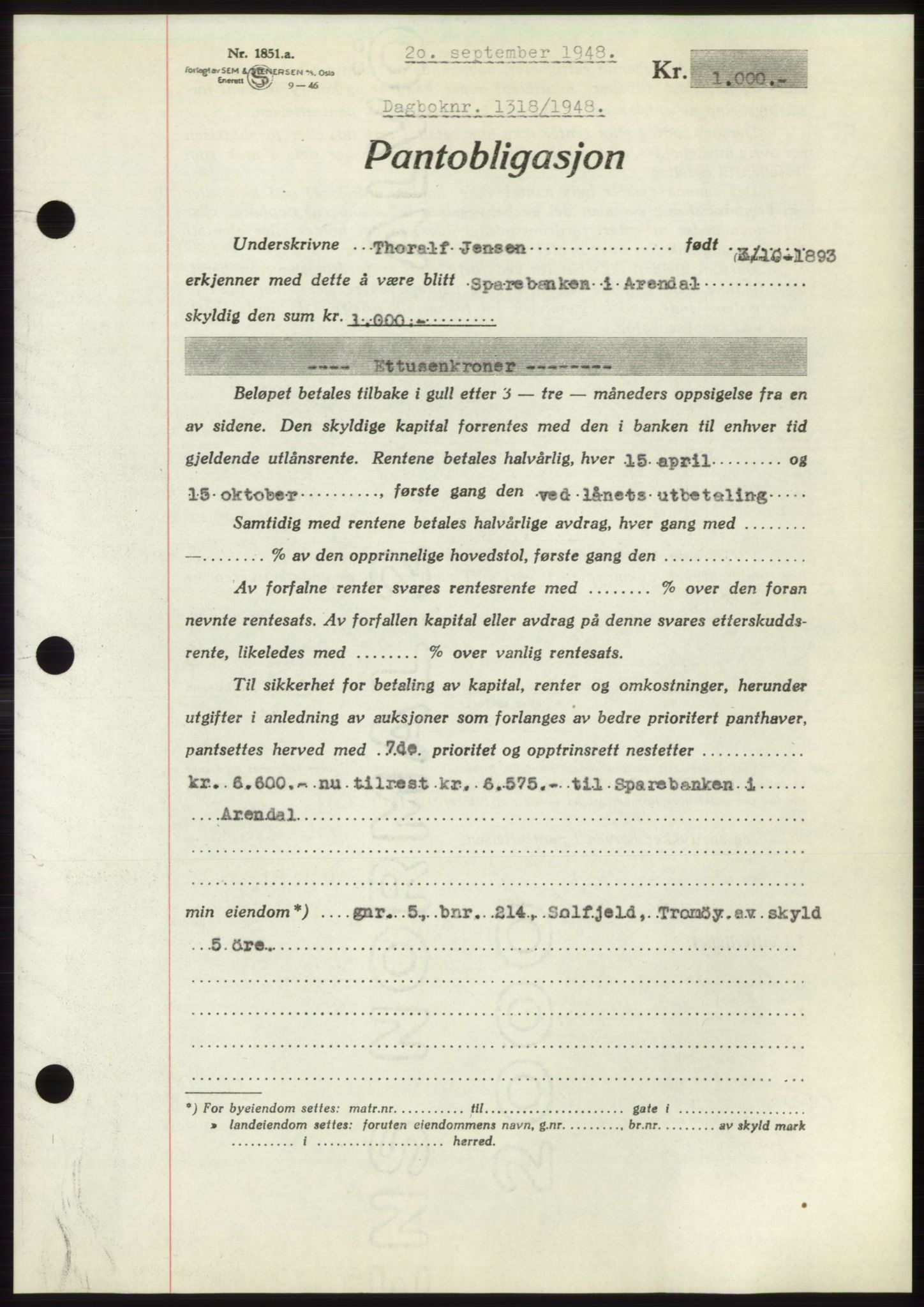 Nedenes sorenskriveri, AV/SAK-1221-0006/G/Gb/Gbb/L0005: Mortgage book no. B5, 1948-1948, Diary no: : 1318/1948