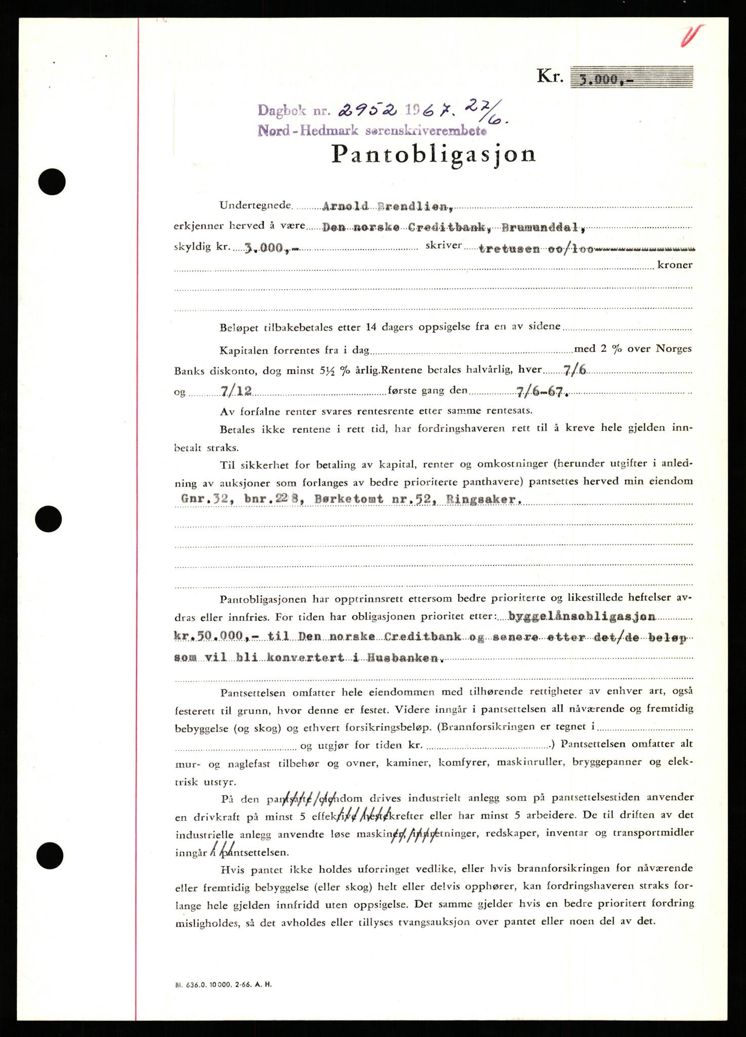 Nord-Hedmark sorenskriveri, SAH/TING-012/H/Hb/Hbf/L0071: Mortgage book no. B71, 1967-1967, Diary no: : 2952/1967