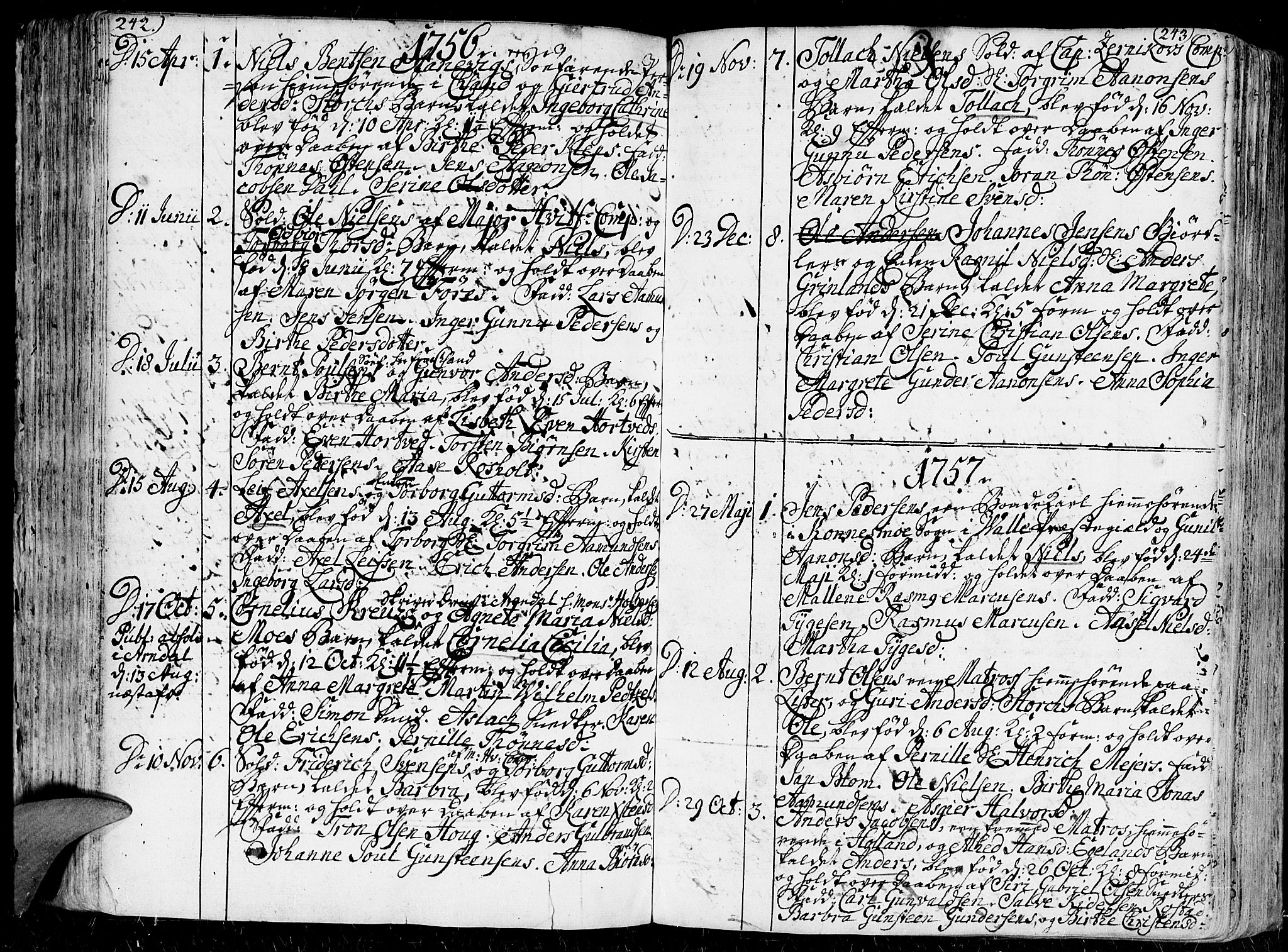 Kristiansand domprosti, SAK/1112-0006/F/Fa/L0001: Parish register (official) no. A 1, 1734-1793, p. 242-243