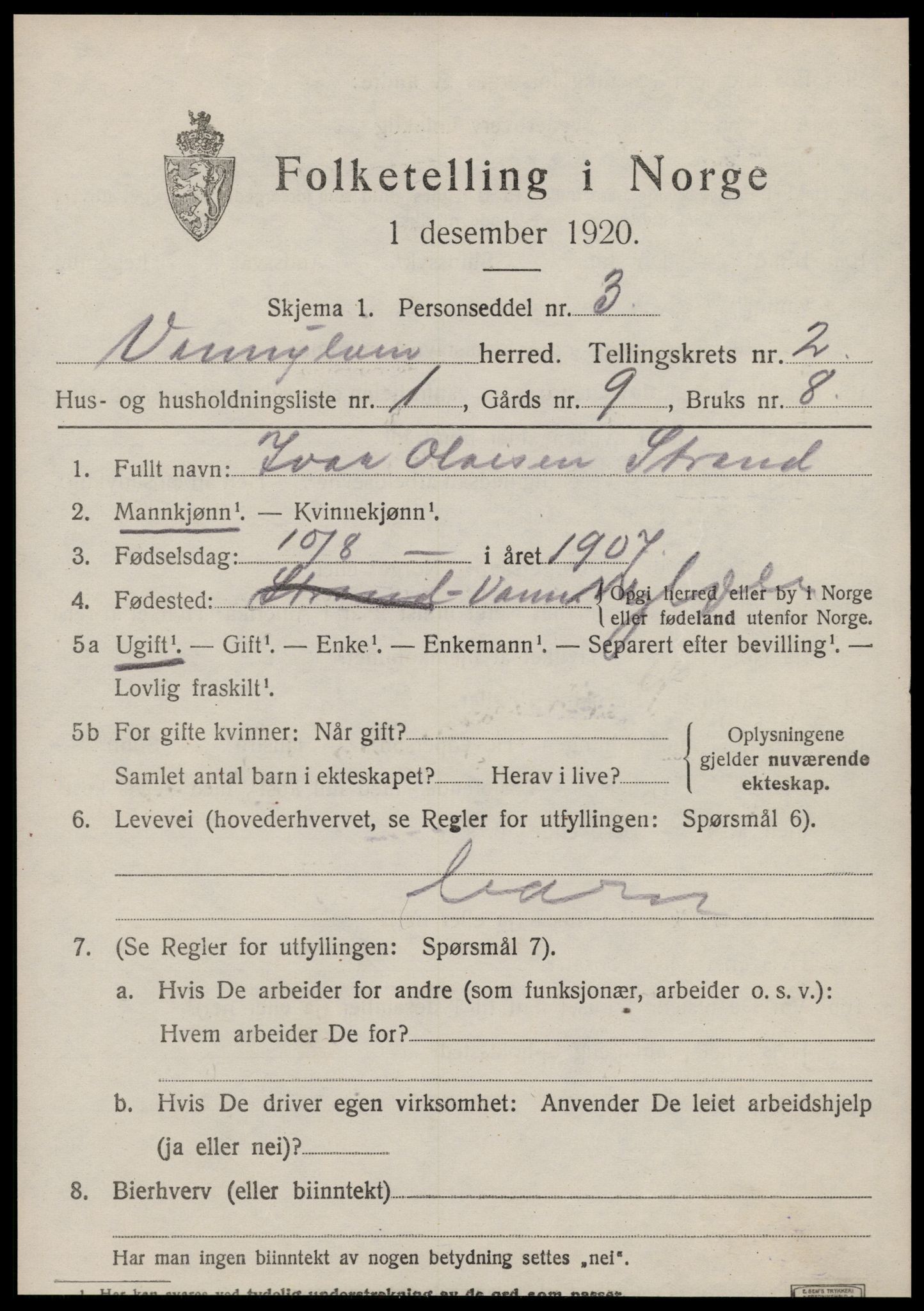 SAT, 1920 census for Vanylven, 1920, p. 1017