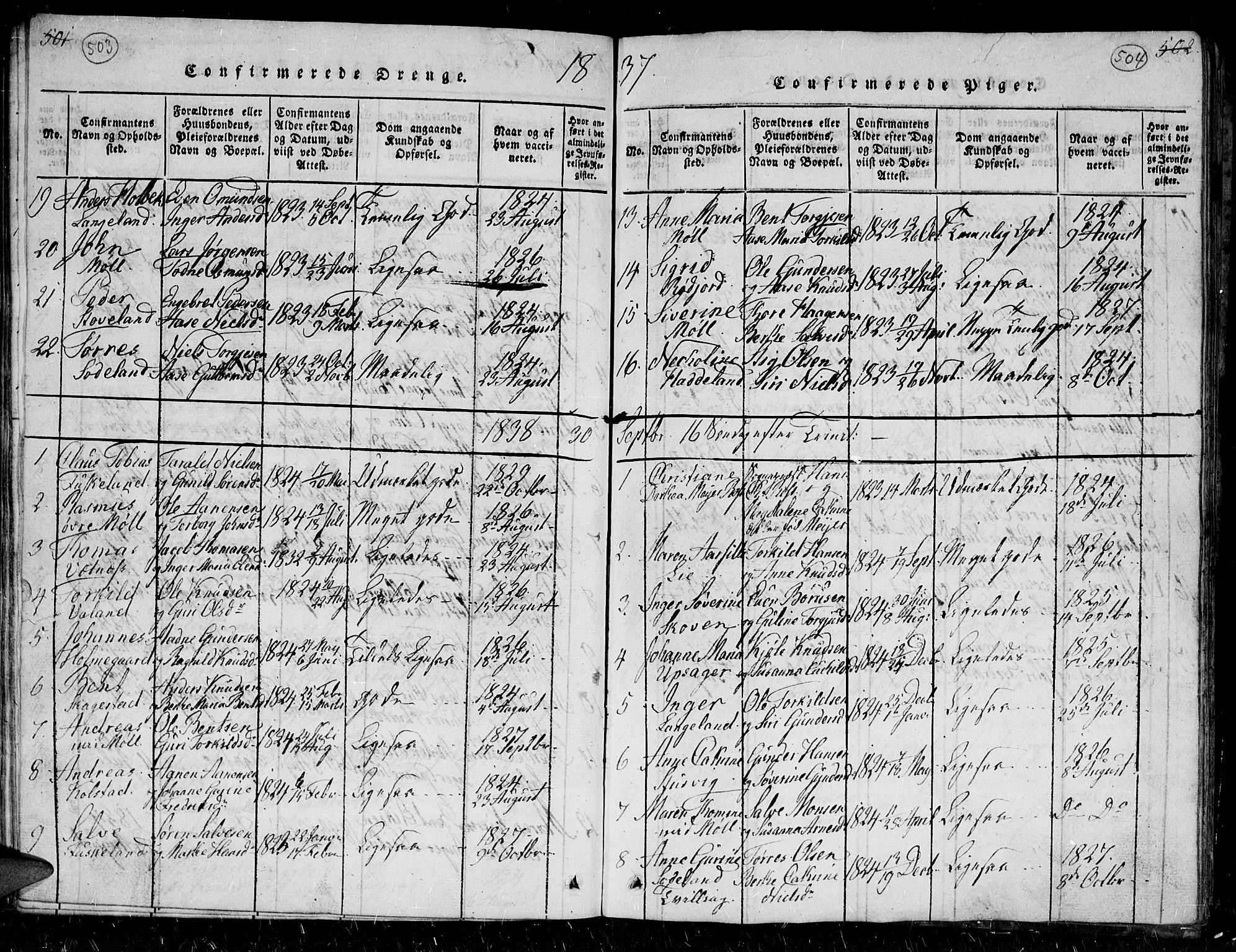 Holum sokneprestkontor, SAK/1111-0022/F/Fb/Fba/L0002: Parish register (copy) no. B 2, 1820-1849, p. 503-504