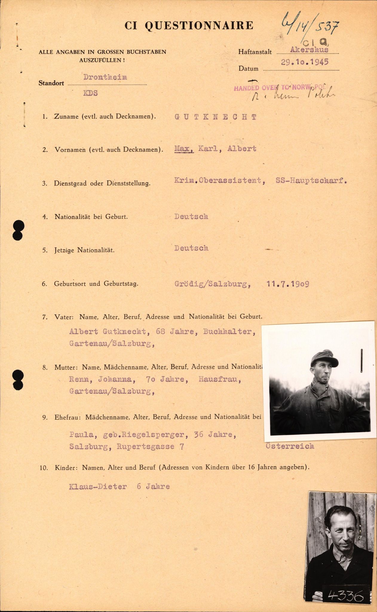 Forsvaret, Forsvarets overkommando II, AV/RA-RAFA-3915/D/Db/L0010: CI Questionaires. Tyske okkupasjonsstyrker i Norge. Tyskere., 1945-1946, p. 646