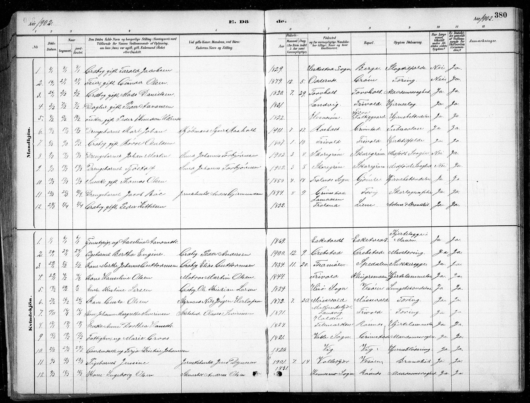 Fjære sokneprestkontor, SAK/1111-0011/F/Fb/L0011: Parish register (copy) no. B 11, 1881-1905, p. 380