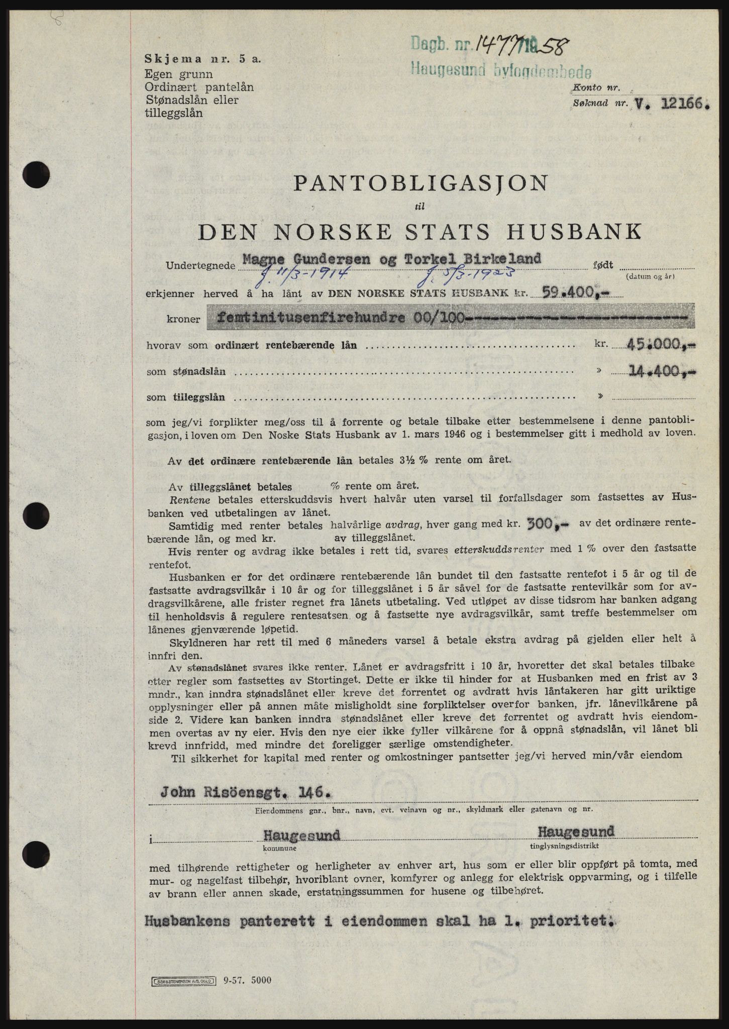 Haugesund tingrett, SAST/A-101415/01/II/IIC/L0044: Mortgage book no. B 44, 1958-1959, Diary no: : 1477/1958