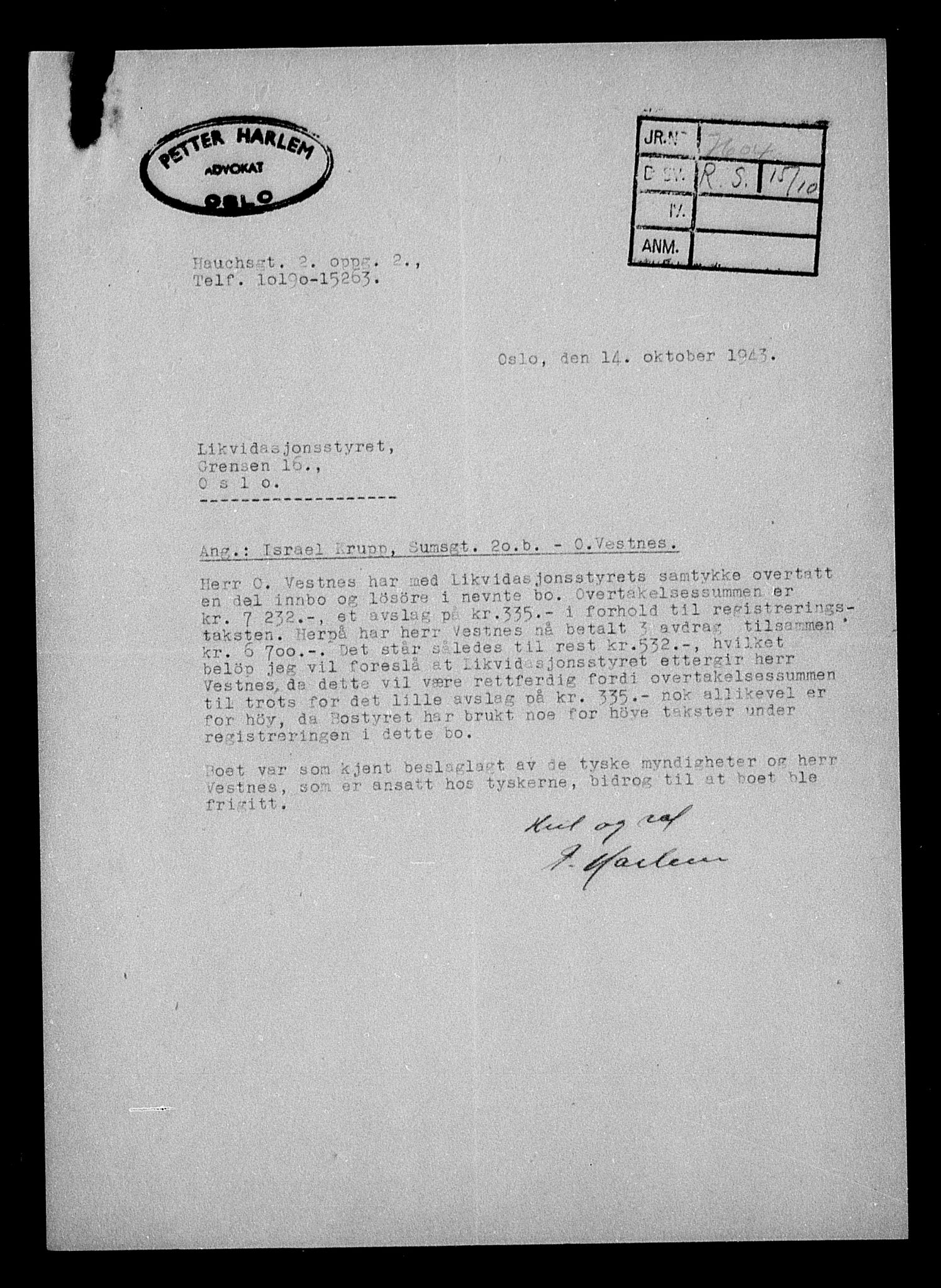 Justisdepartementet, Tilbakeføringskontoret for inndratte formuer, AV/RA-S-1564/H/Hc/Hcc/L0953: --, 1945-1947, p. 452