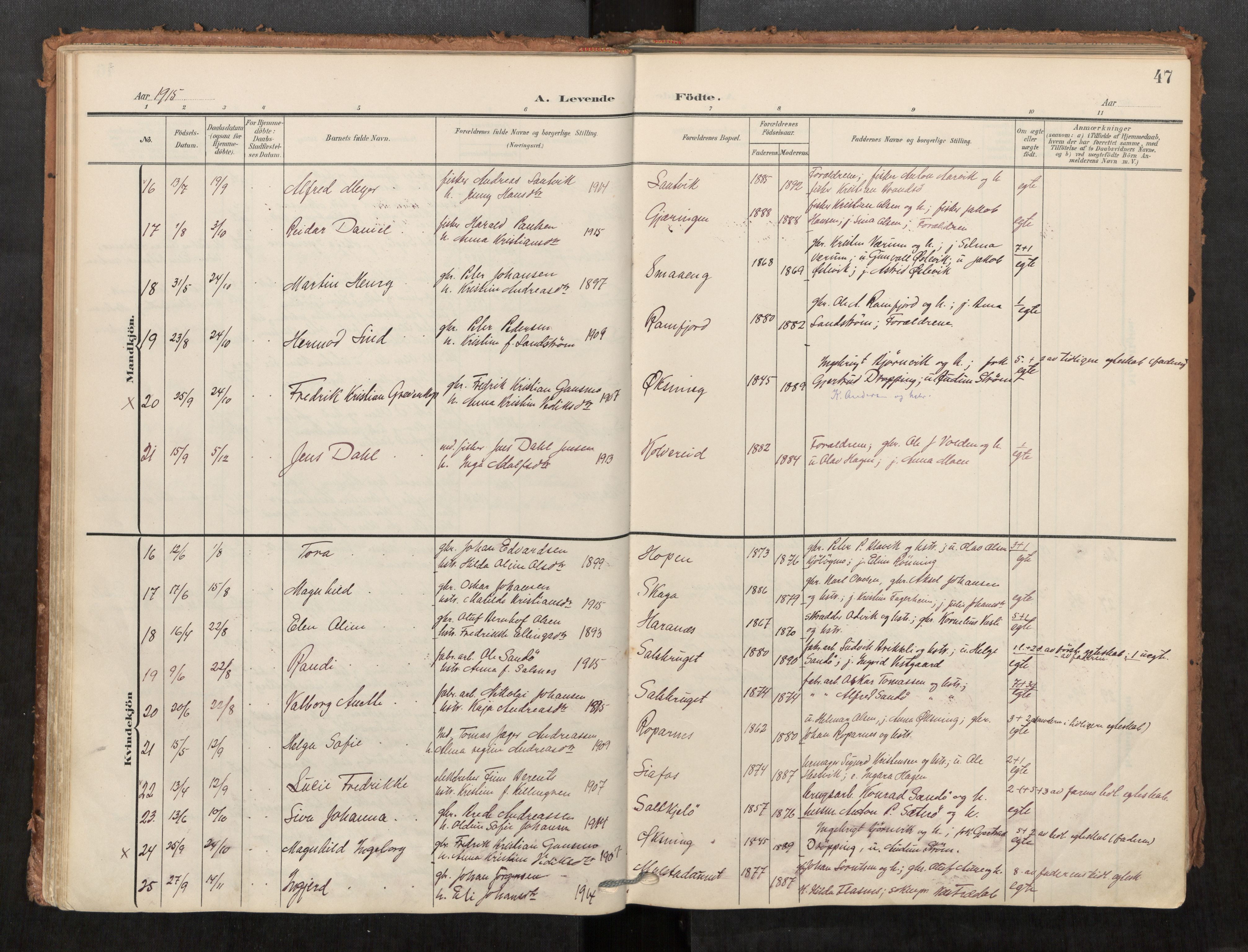 Kolvereid sokneprestkontor, SAT/A-1171/H/Ha/Haa/L0001: Parish register (official) no. 1, 1903-1922, p. 47