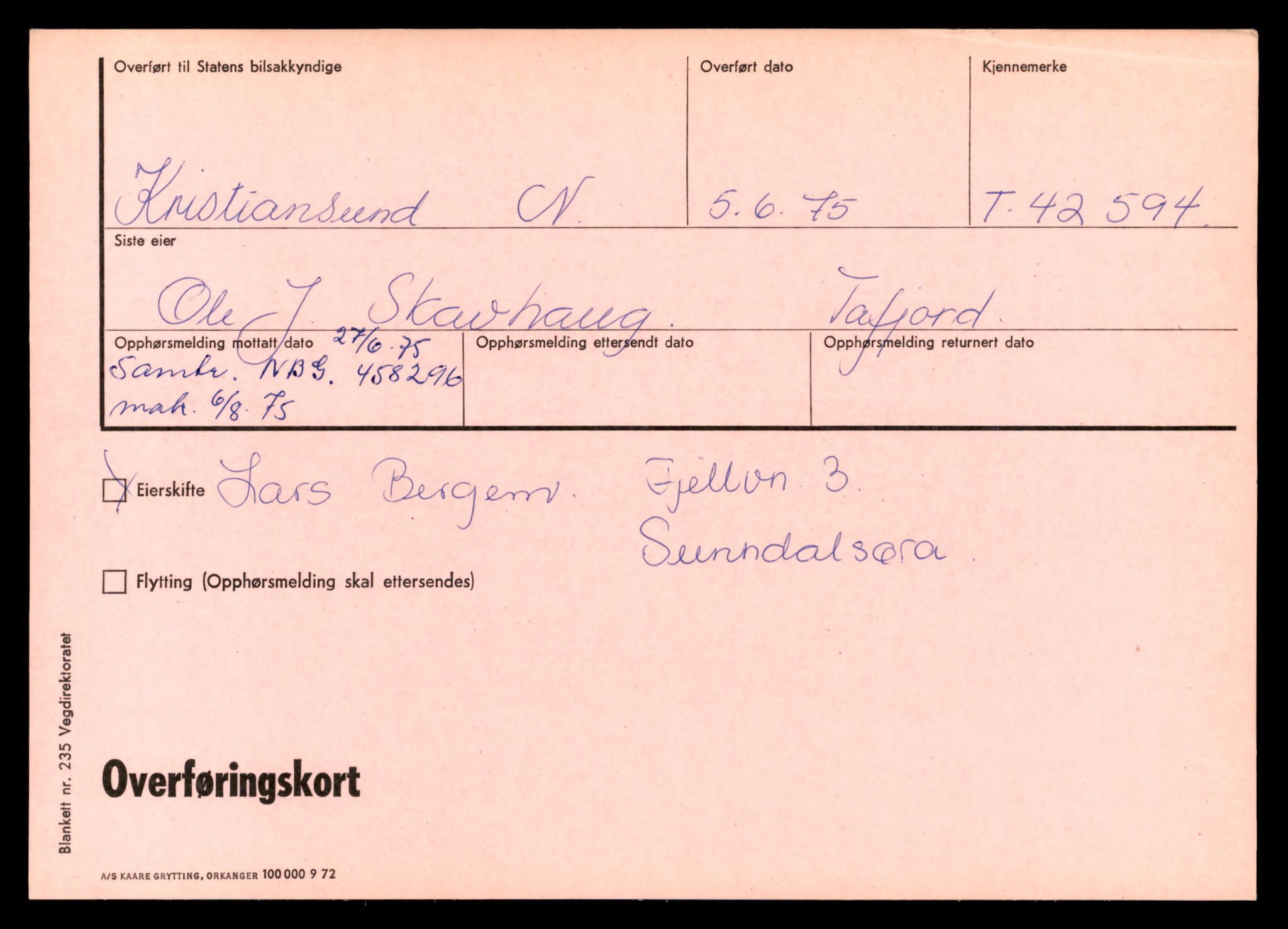 Møre og Romsdal vegkontor - Ålesund trafikkstasjon, SAT/A-4099/F/Ff/L0008: Overførings-/henvisningskort T 42590 - T 45209, 1927-1998, p. 4