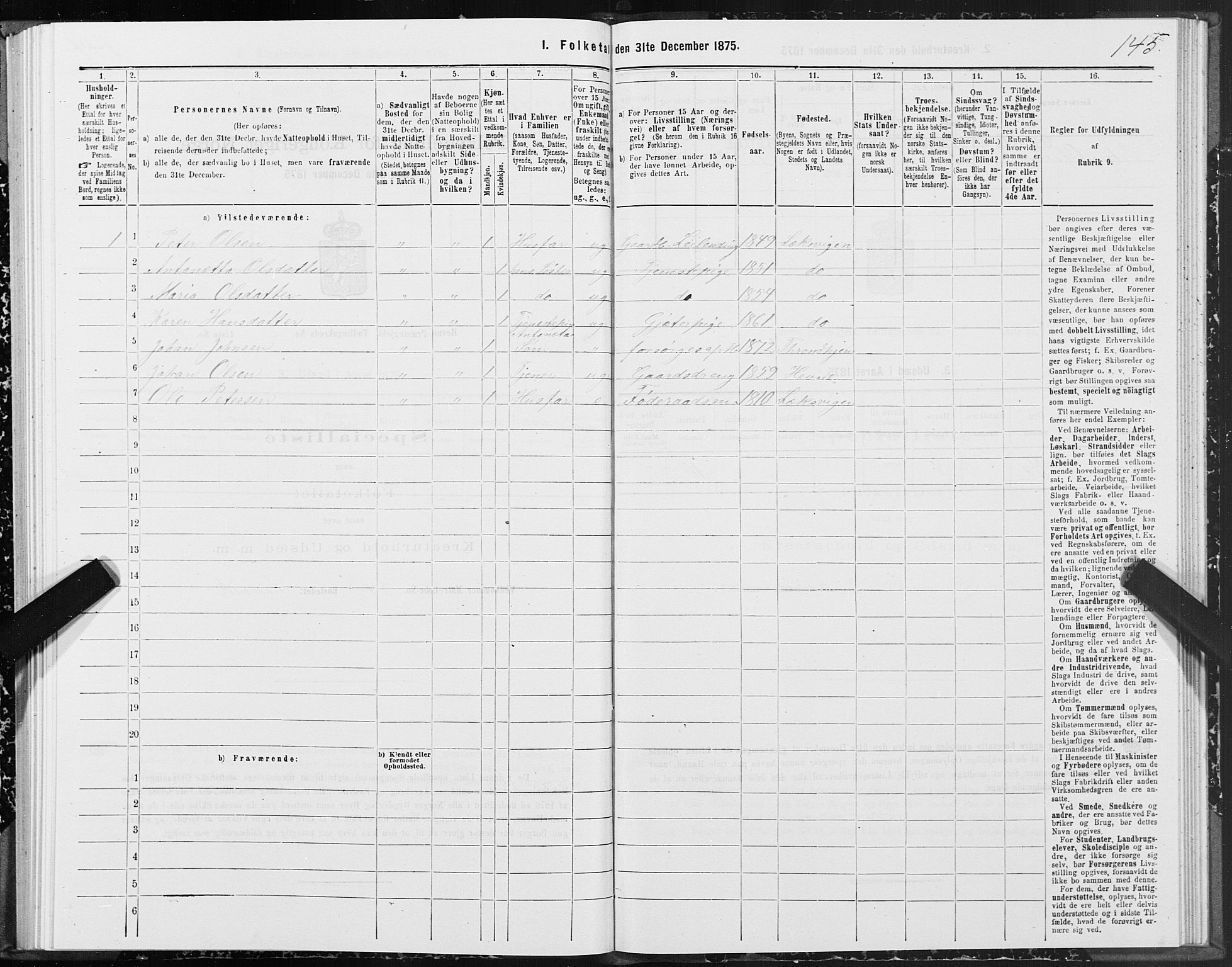 SAT, 1875 census for 1612P Hemne, 1875, p. 1145