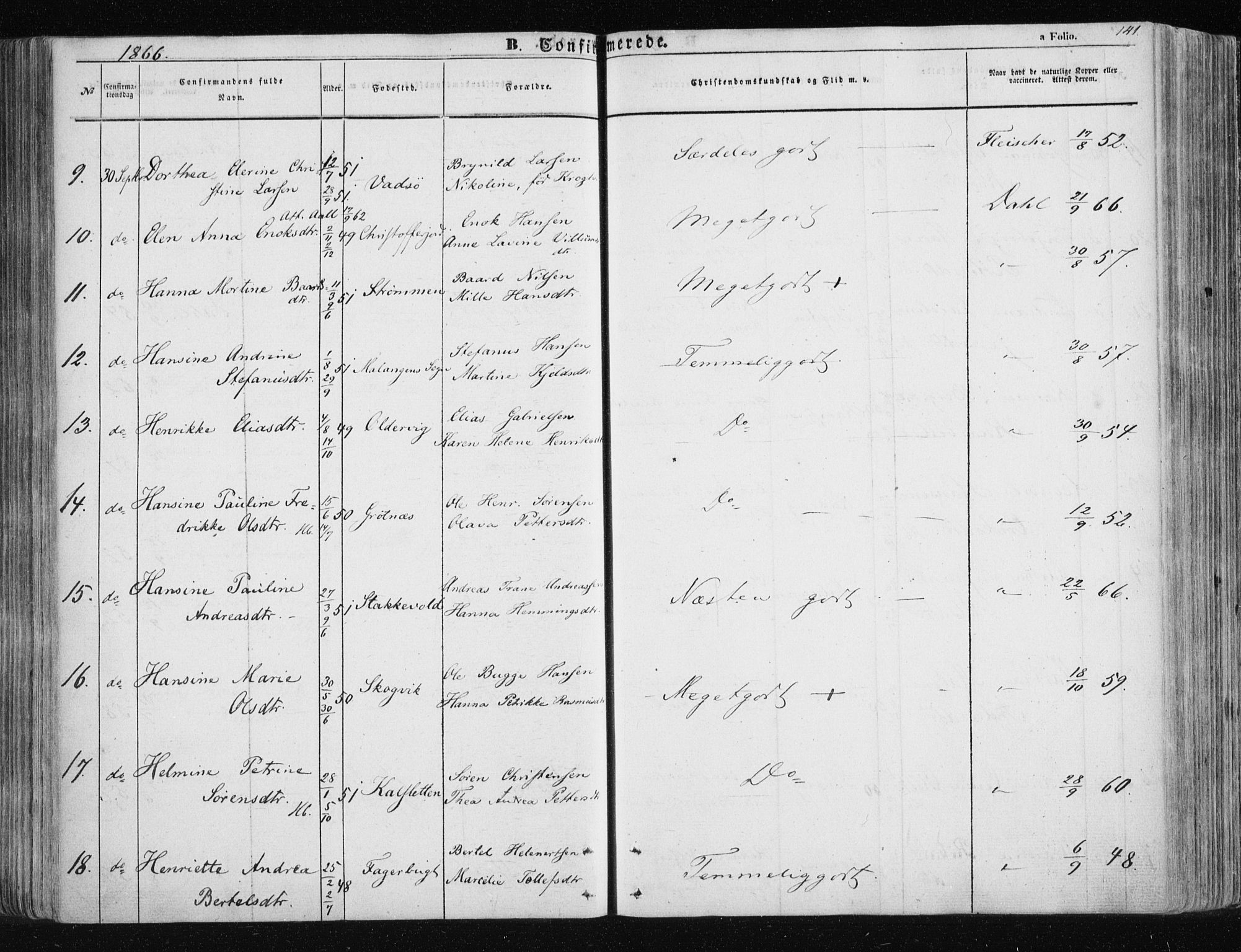 Tromsøysund sokneprestkontor, AV/SATØ-S-1304/G/Ga/L0001kirke: Parish register (official) no. 1, 1856-1867, p. 141