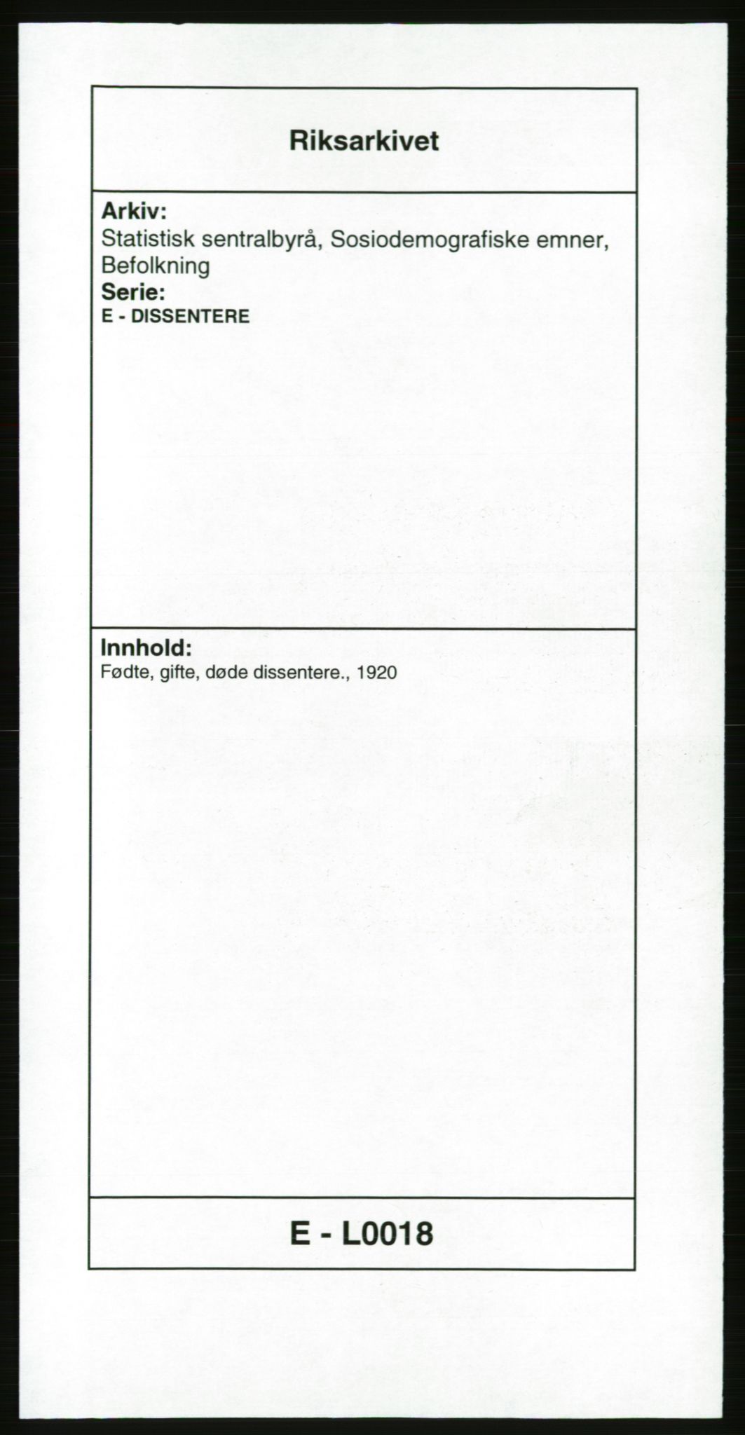 Statistisk sentralbyrå, Sosiodemografiske emner, Befolkning, AV/RA-S-2228/E/L0018: Fødte, gifte, døde dissentere., 1920, p. 1