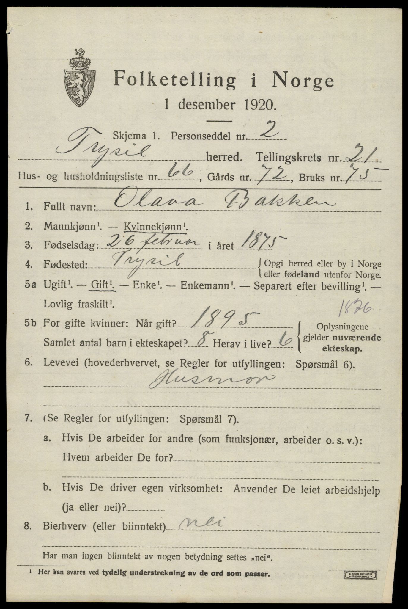 SAH, 1920 census for Trysil, 1920, p. 14543