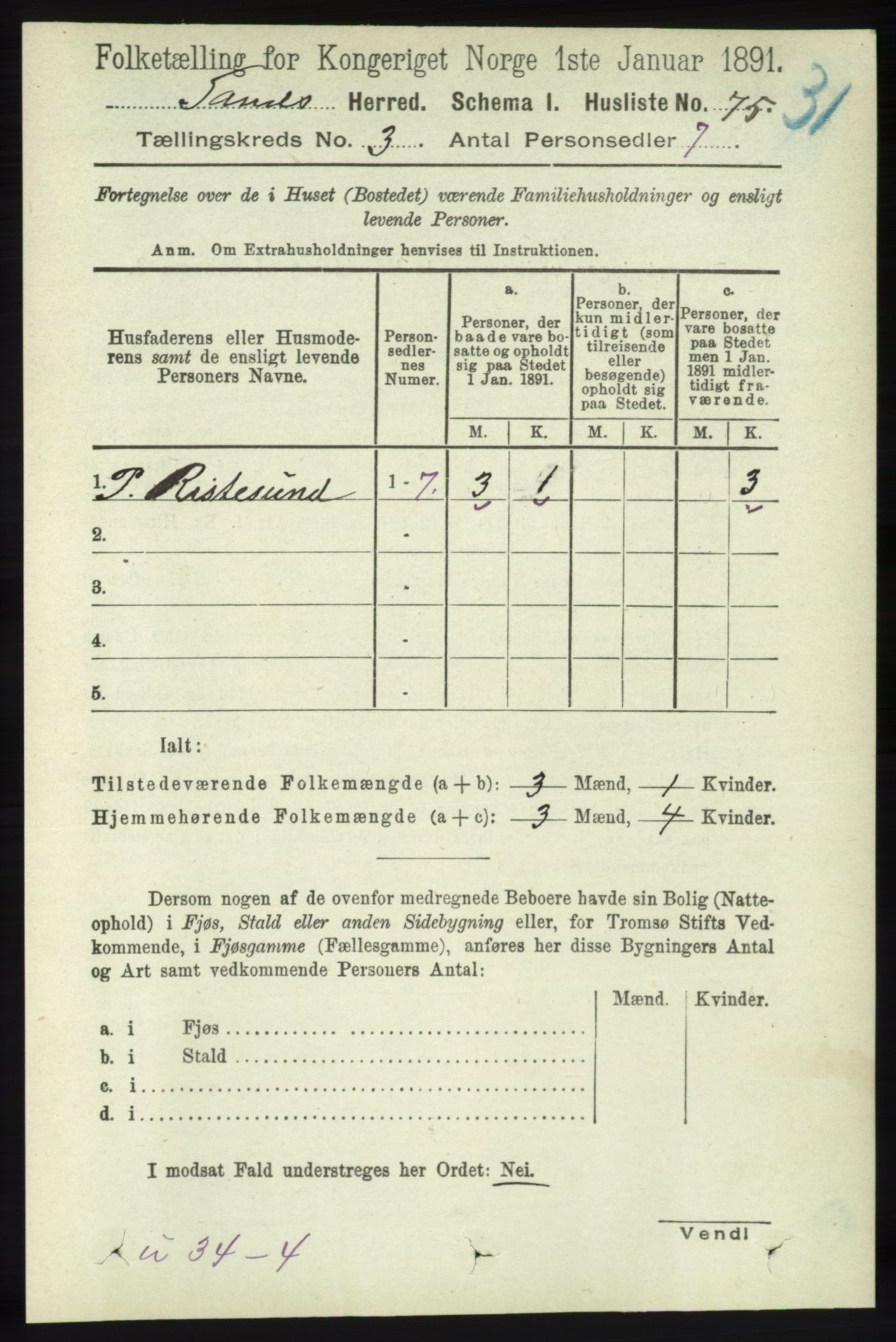 RA, 1891 census for 1136 Sand, 1891, p. 652