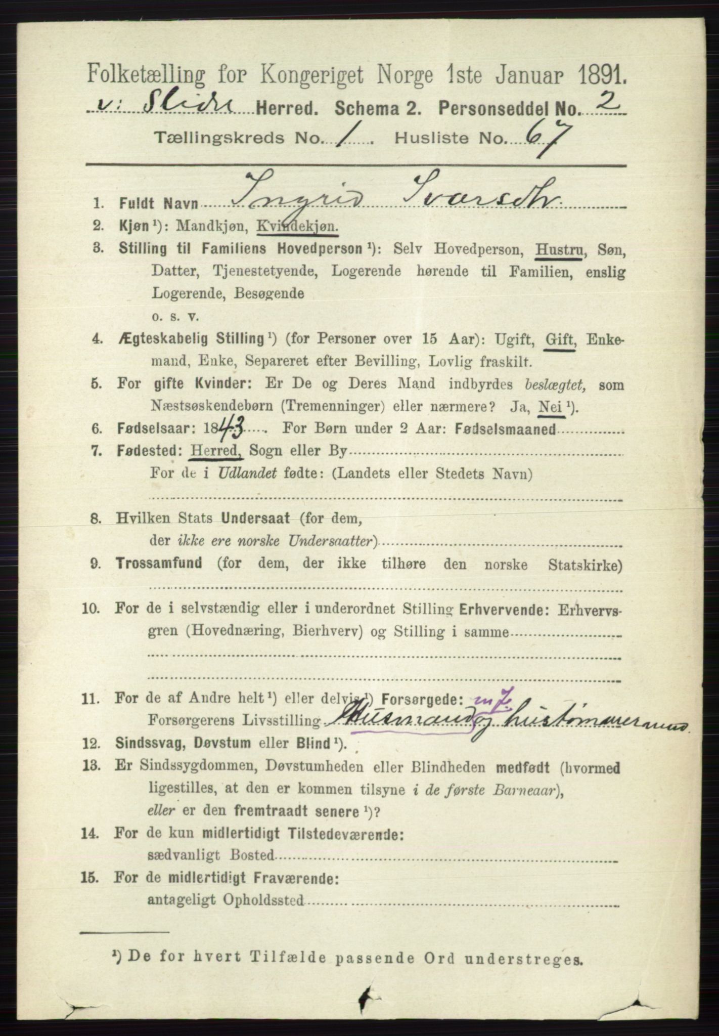 RA, 1891 census for 0543 Vestre Slidre, 1891, p. 453