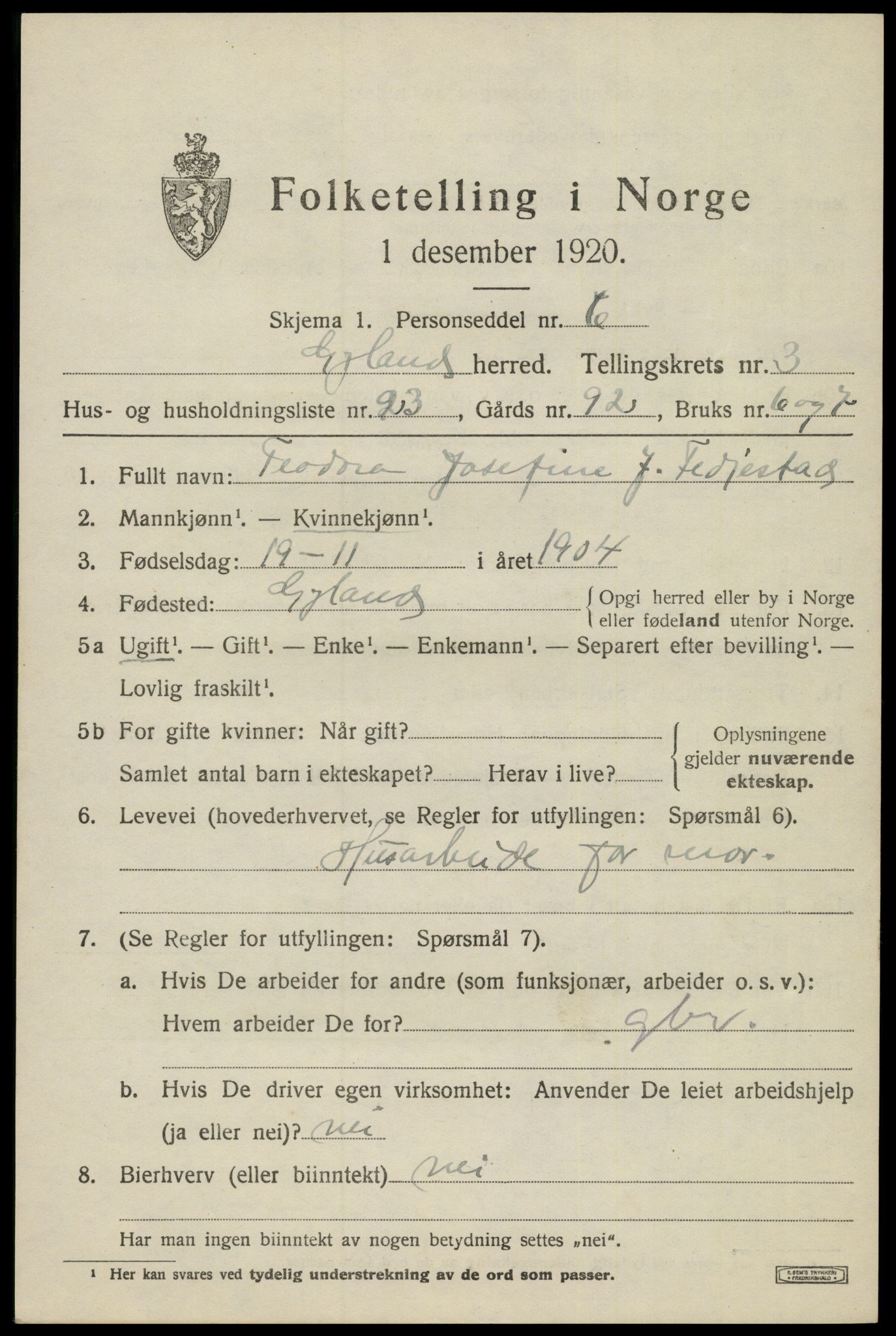 SAK, 1920 census for Gyland, 1920, p. 1036