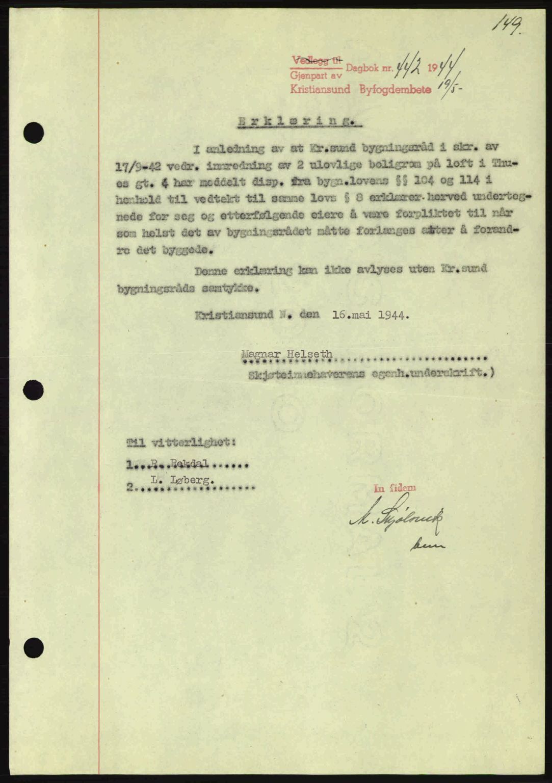 Kristiansund byfogd, SAT/A-4587/A/27: Mortgage book no. 37-38, 1943-1945, Diary no: : 442/1944