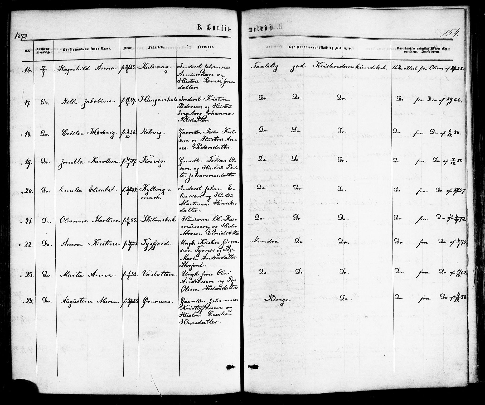 Ministerialprotokoller, klokkerbøker og fødselsregistre - Nordland, AV/SAT-A-1459/859/L0845: Parish register (official) no. 859A05, 1863-1877, p. 154