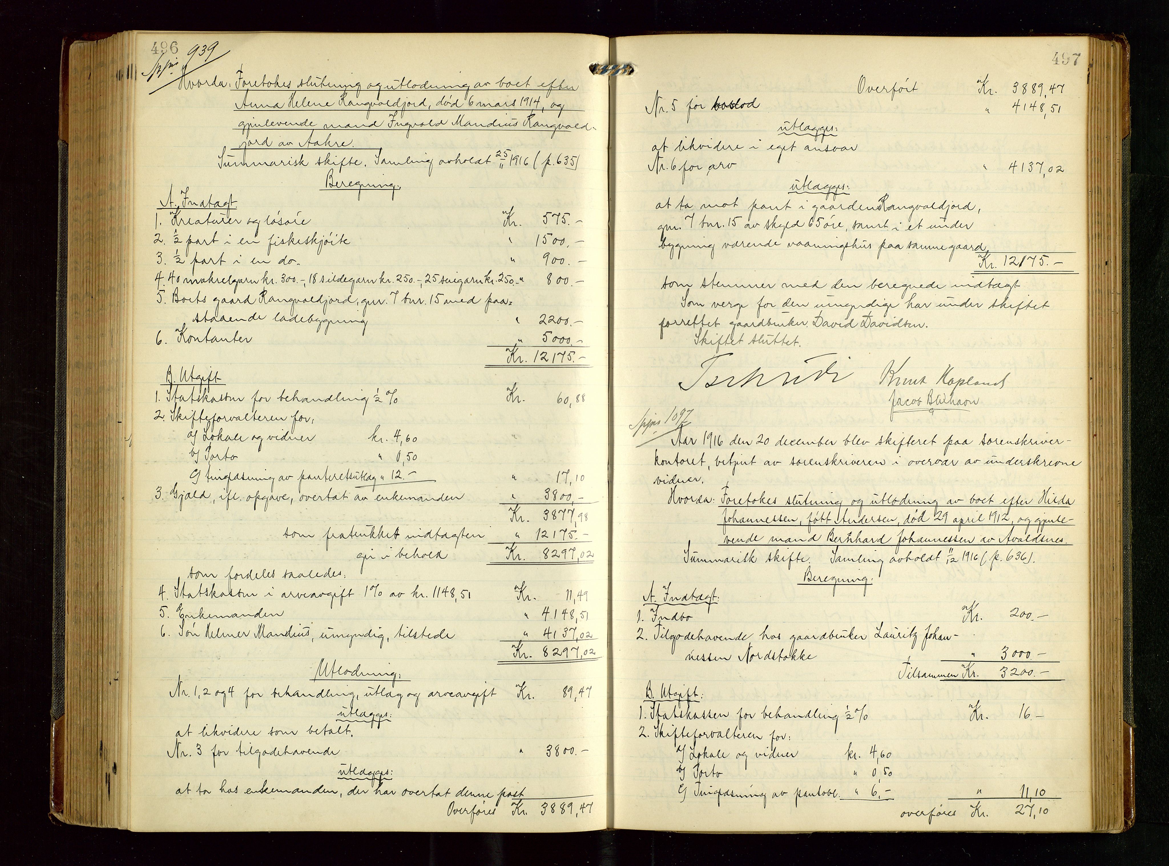 Karmsund sorenskriveri, AV/SAST-A-100311/01/IV/IVGB/L0002: SKIFTEUTLODNINGSPROTOKOLL, 1911-1919, p. 496-497
