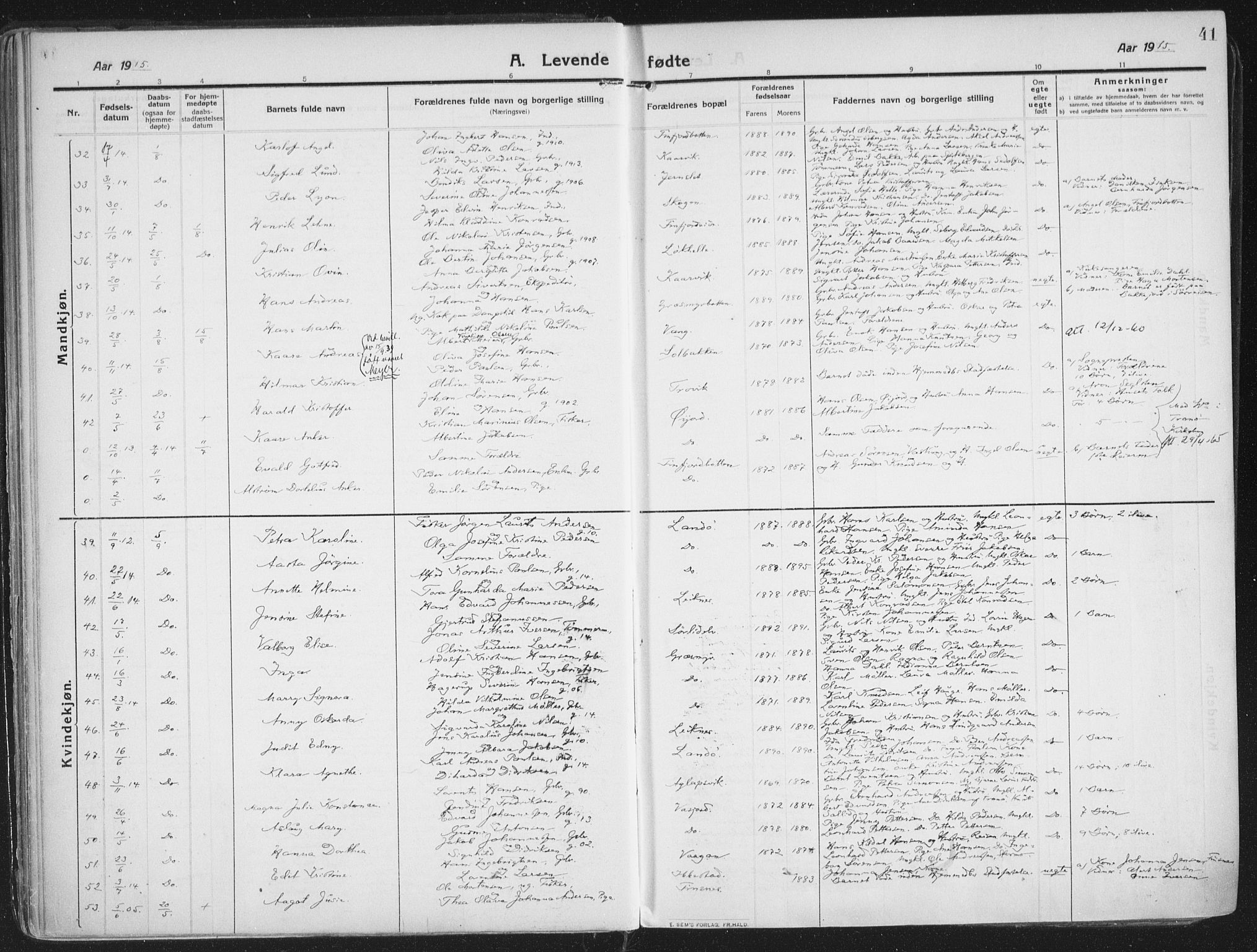 Lenvik sokneprestembete, SATØ/S-1310/H/Ha/Haa/L0016kirke: Parish register (official) no. 16, 1910-1924, p. 41