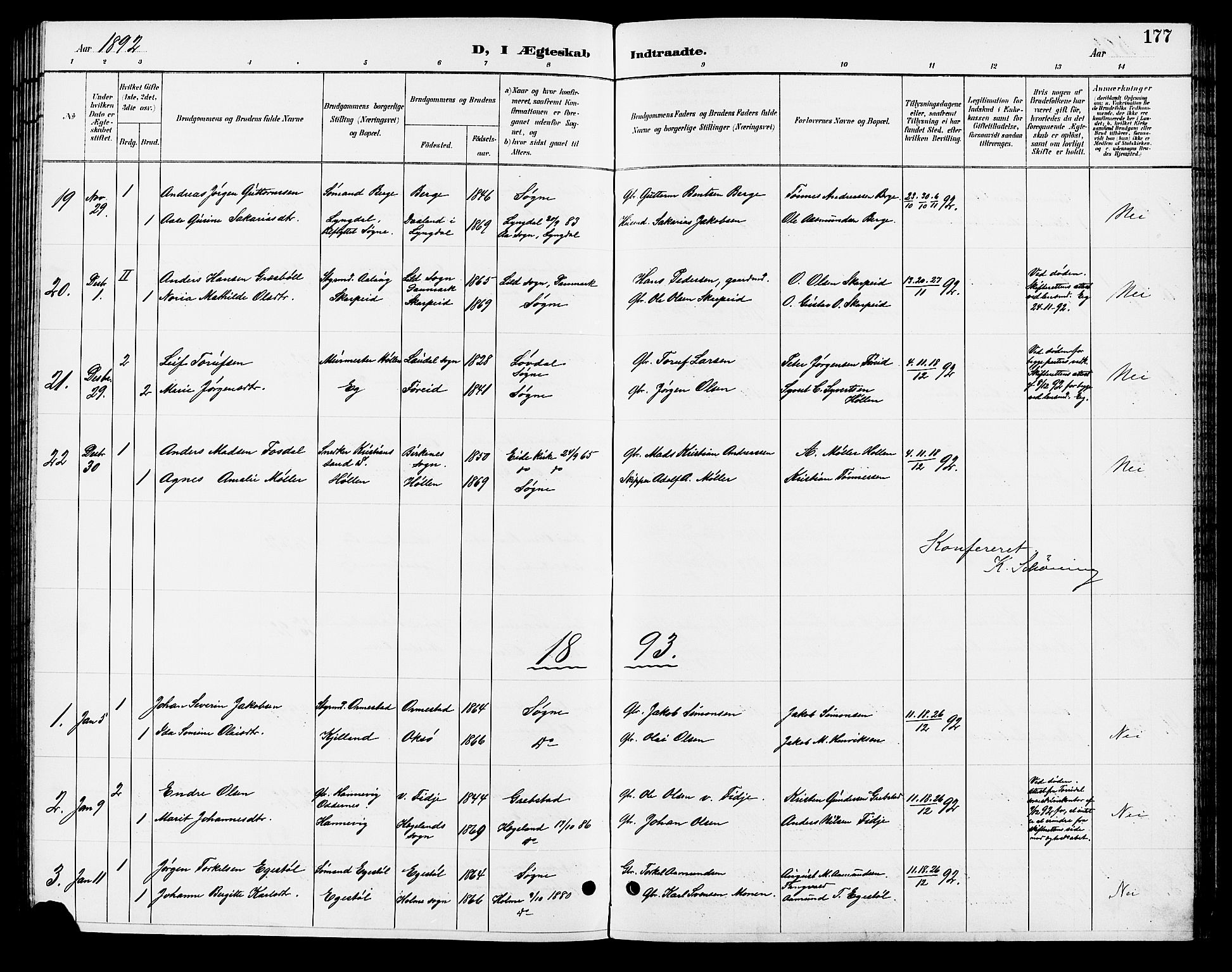 Søgne sokneprestkontor, SAK/1111-0037/F/Fb/Fbb/L0006: Parish register (copy) no. B 6, 1892-1911, p. 177