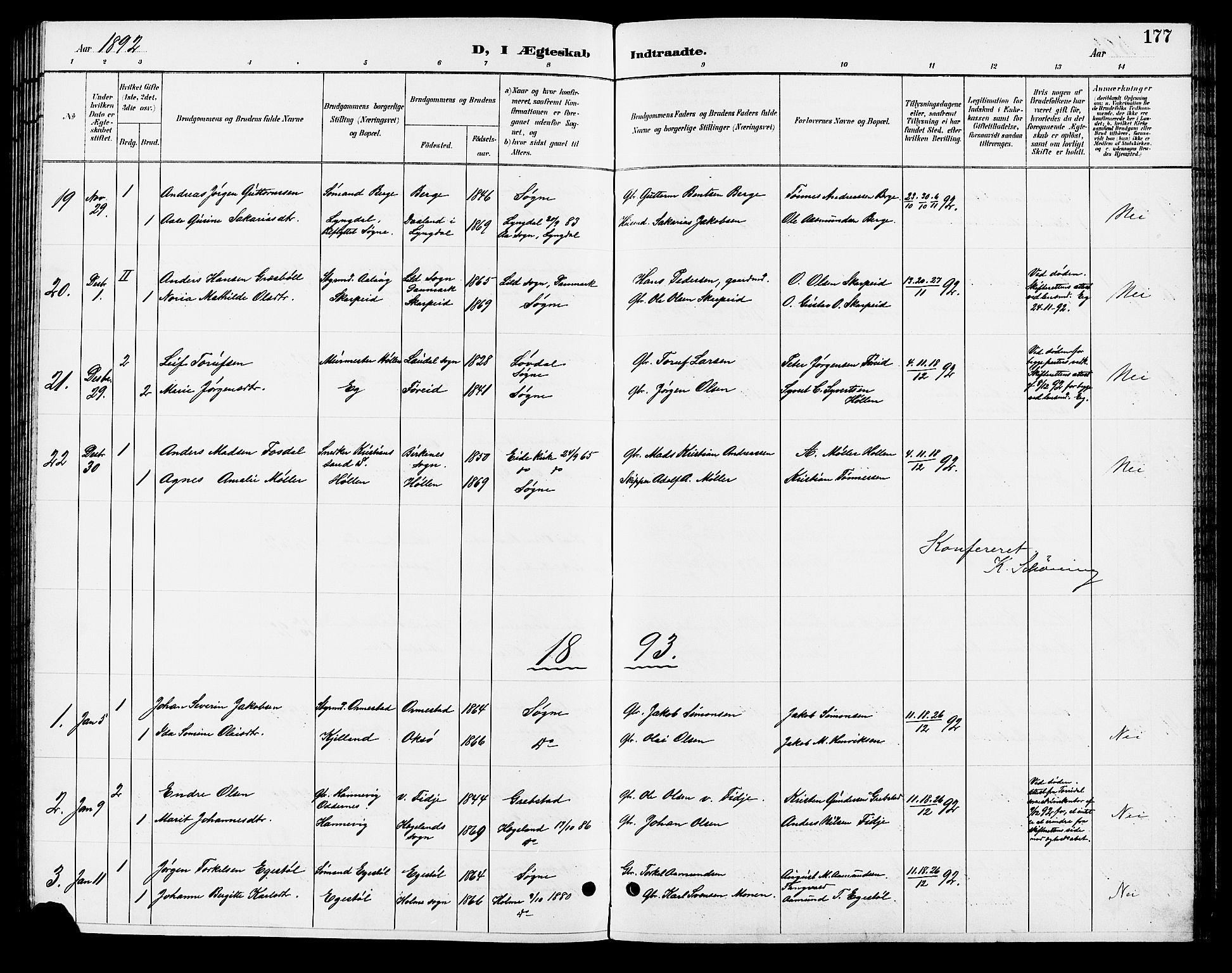 Søgne sokneprestkontor, AV/SAK-1111-0037/F/Fb/Fbb/L0006: Parish register (copy) no. B 6, 1892-1911, p. 177