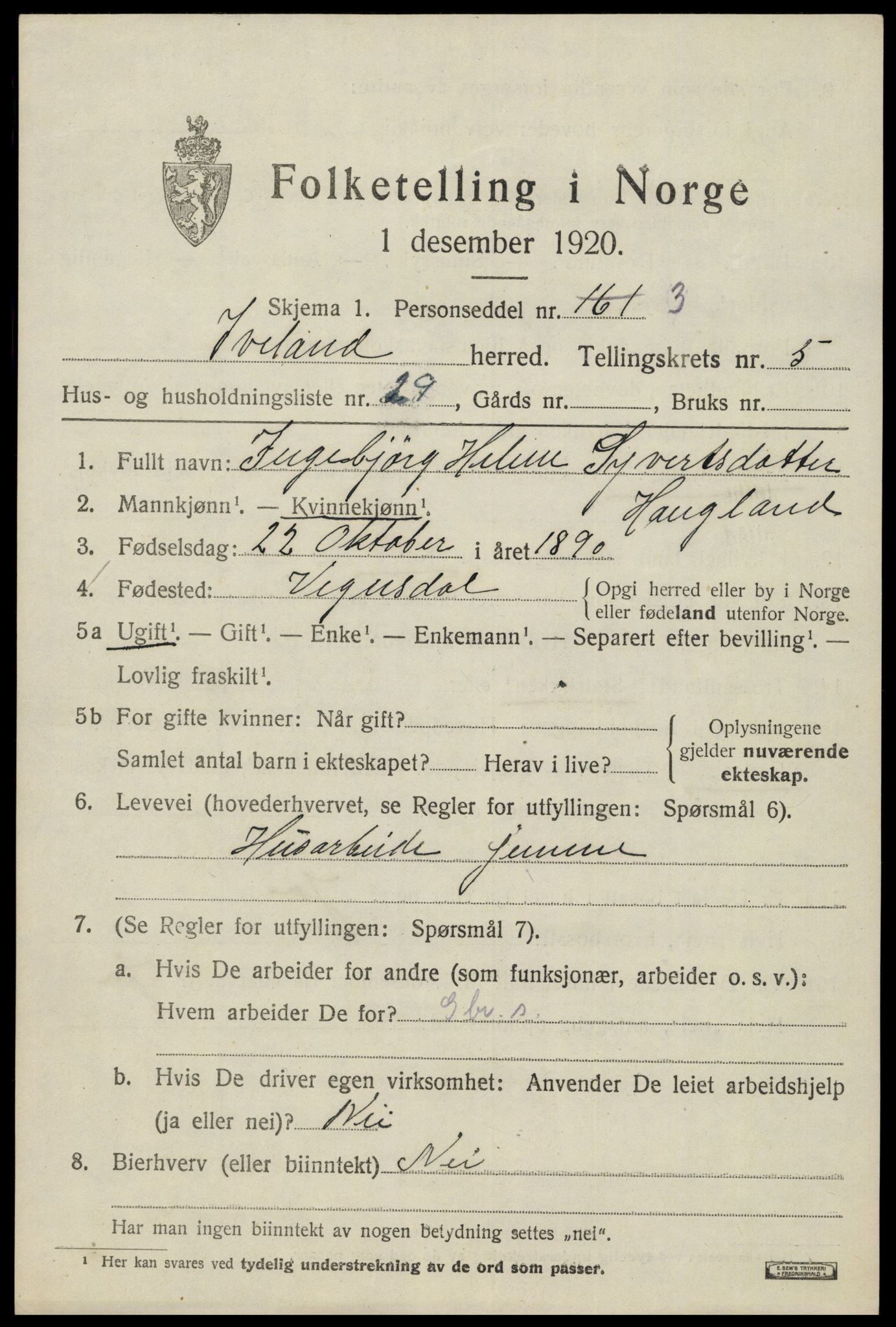 SAK, 1920 census for Iveland, 1920, p. 1905