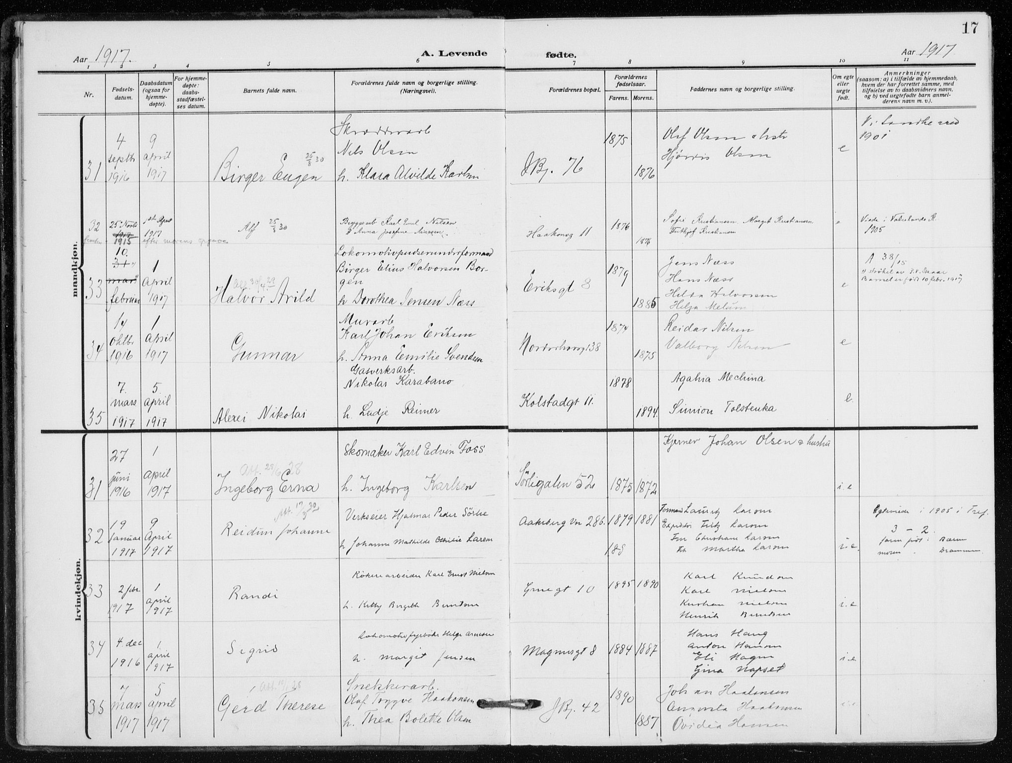 Kampen prestekontor Kirkebøker, AV/SAO-A-10853/F/Fa/L0012: Parish register (official) no. I 12, 1916-1921, p. 17