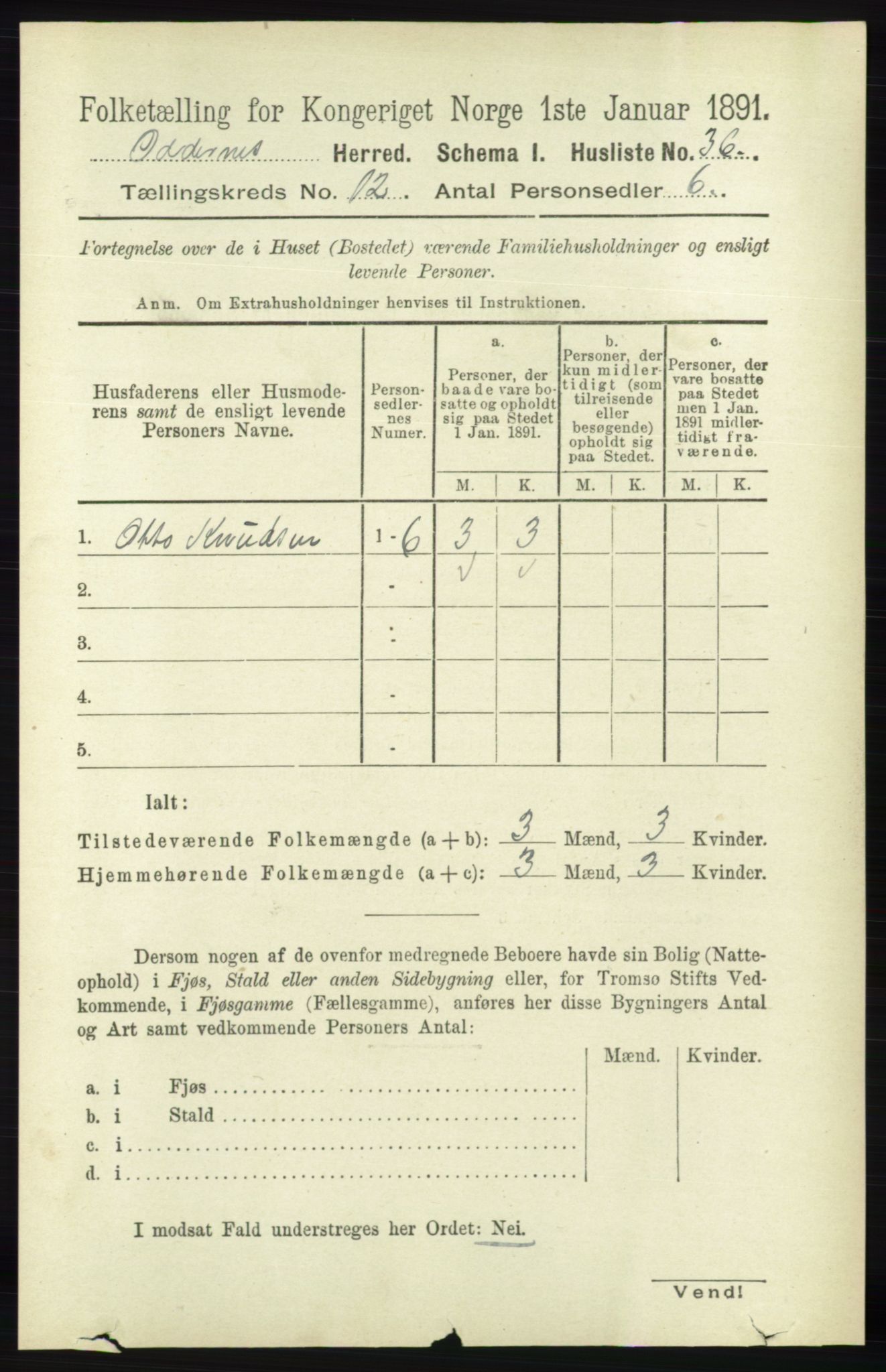 RA, 1891 census for 1012 Oddernes, 1891, p. 4346