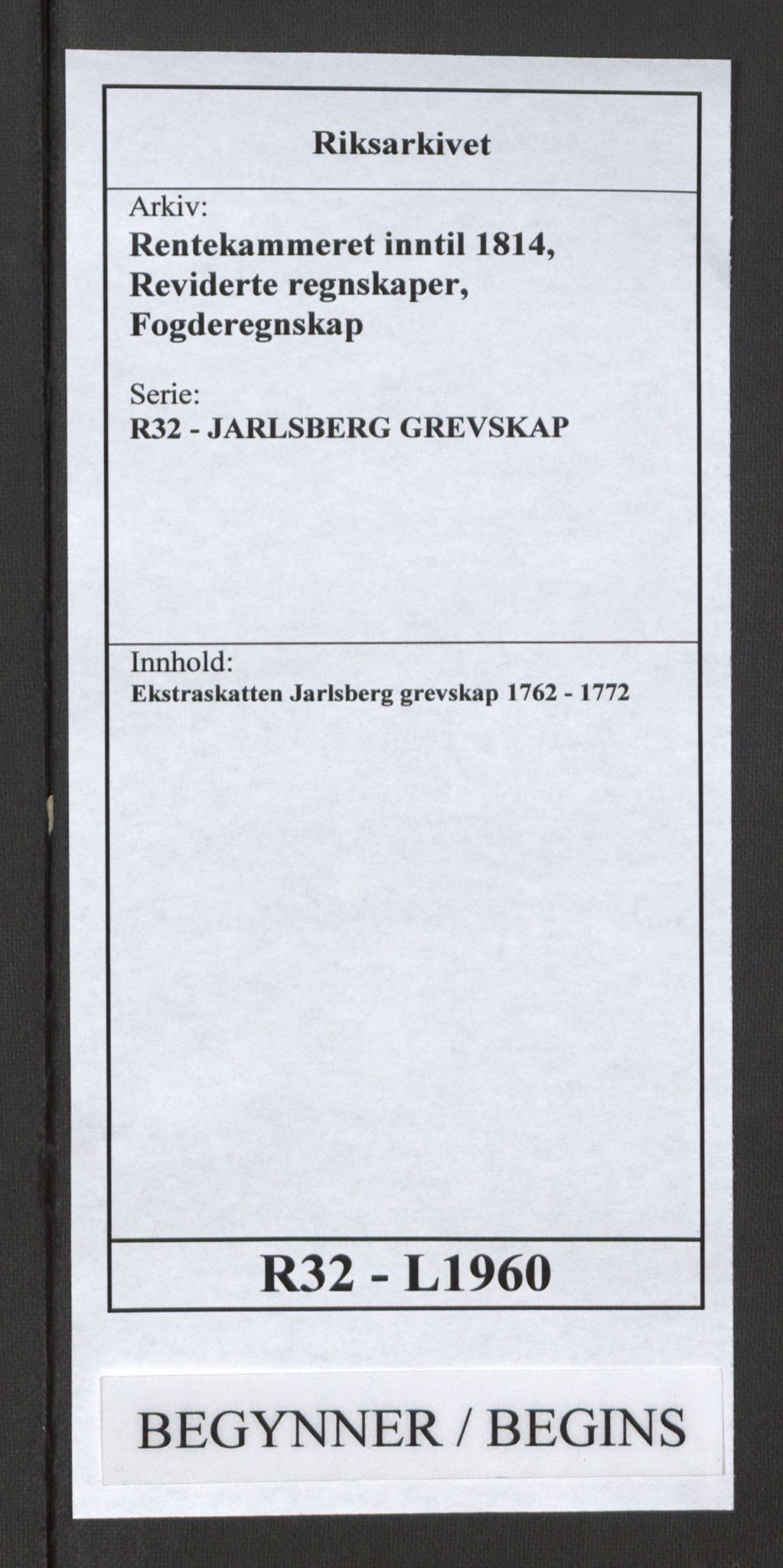 Rentekammeret inntil 1814, Reviderte regnskaper, Fogderegnskap, RA/EA-4092/R32/L1960: Ekstraskatten Jarlsberg grevskap, 1762-1772, p. 1