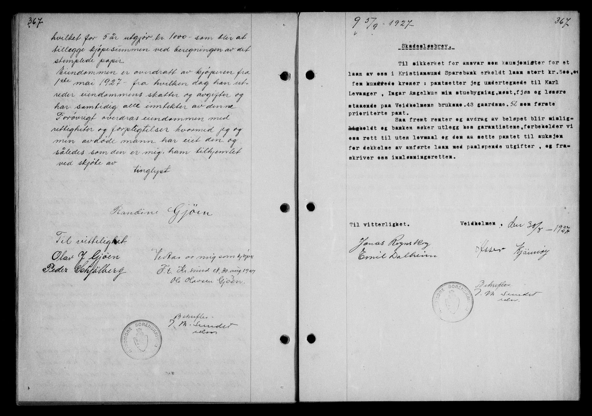 Nordmøre sorenskriveri, AV/SAT-A-4132/1/2/2Ca/L0062: Mortgage book no. 52, 1927-1927, Deed date: 05.09.1927