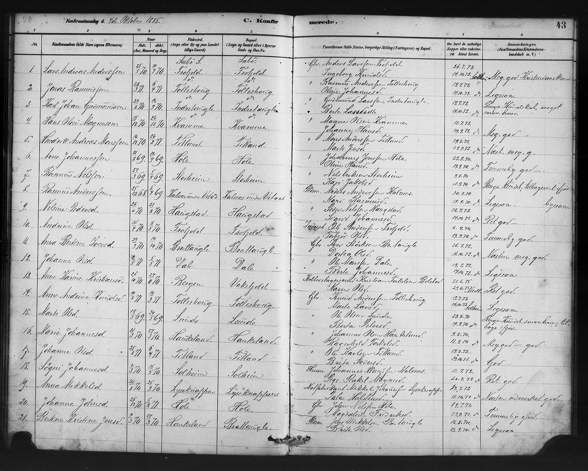 Manger sokneprestembete, SAB/A-76801/H/Haa: Parish register (official) no. D 1, 1881-1892, p. 43