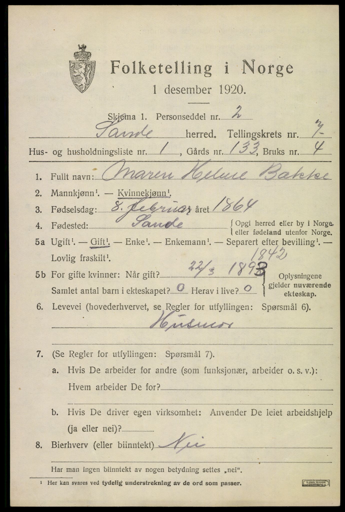 SAKO, 1920 census for Sande, 1920, p. 8076