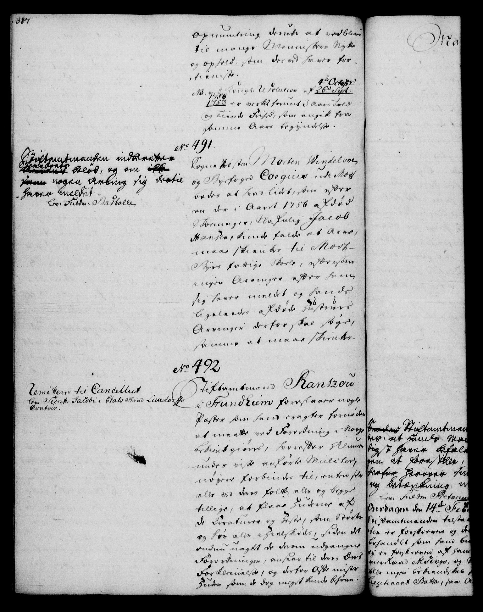 Rentekammeret, Kammerkanselliet, AV/RA-EA-3111/G/Gh/Gha/L0034: Norsk ekstraktmemorialprotokoll (merket RK 53.79), 1756-1759, p. 387