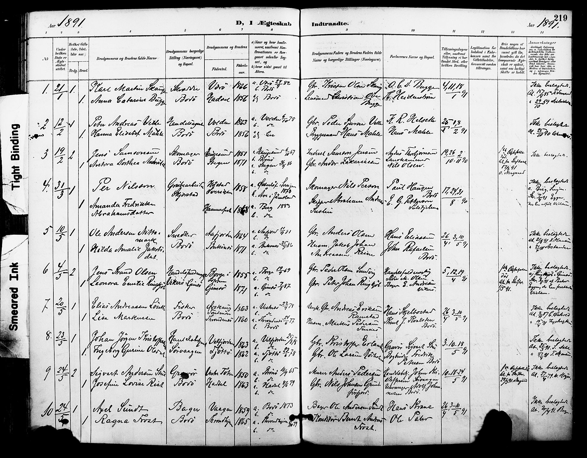 Ministerialprotokoller, klokkerbøker og fødselsregistre - Nordland, AV/SAT-A-1459/801/L0010: Parish register (official) no. 801A10, 1888-1899, p. 219