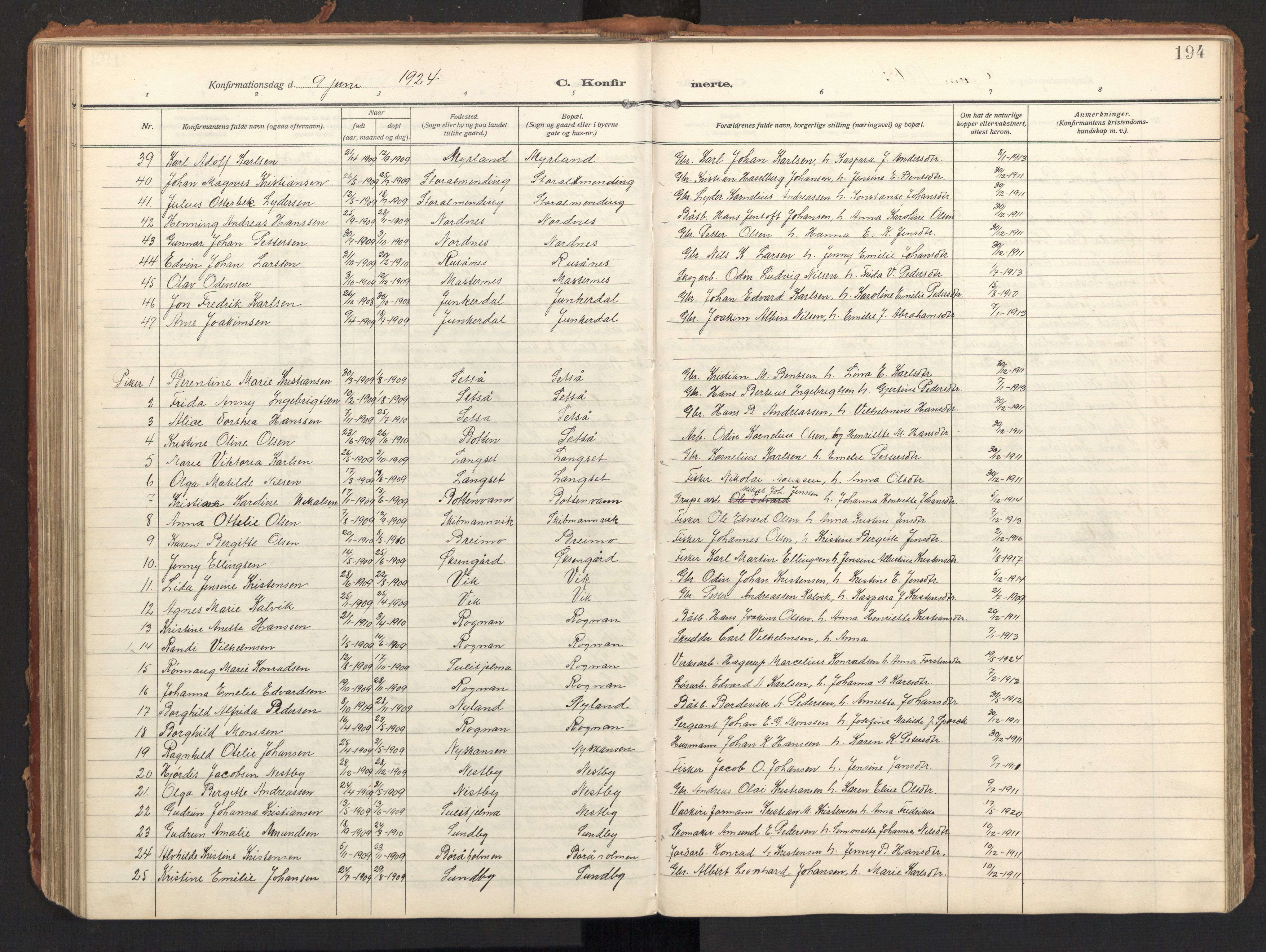 Ministerialprotokoller, klokkerbøker og fødselsregistre - Nordland, SAT/A-1459/847/L0683: Parish register (copy) no. 847C11, 1908-1929, p. 194