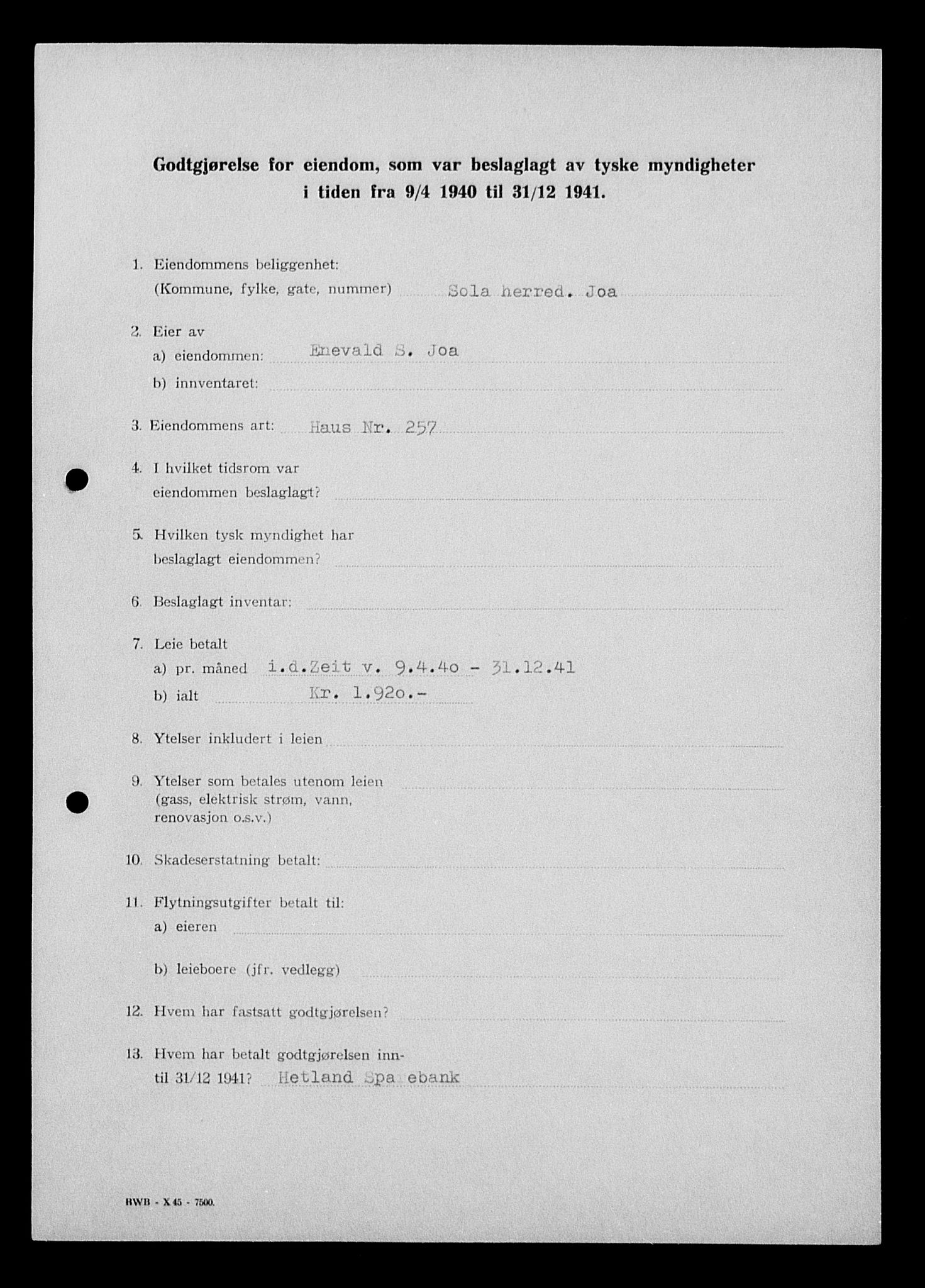Justisdepartementet, Tilbakeføringskontoret for inndratte formuer, AV/RA-S-1564/I/L1014: Godtgjørelse for beslaglagt eiendom, 1940-1941, p. 381