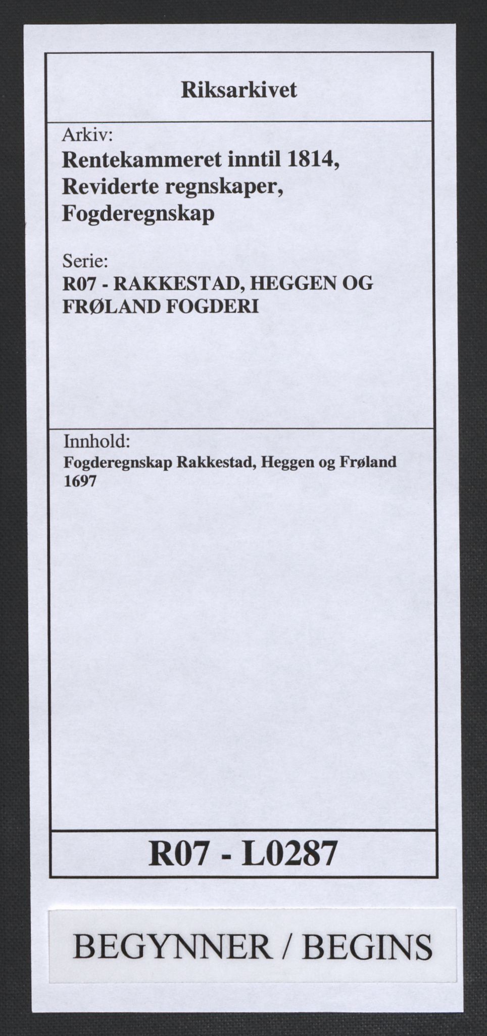 Rentekammeret inntil 1814, Reviderte regnskaper, Fogderegnskap, RA/EA-4092/R07/L0287: Fogderegnskap Rakkestad, Heggen og Frøland, 1697, p. 1