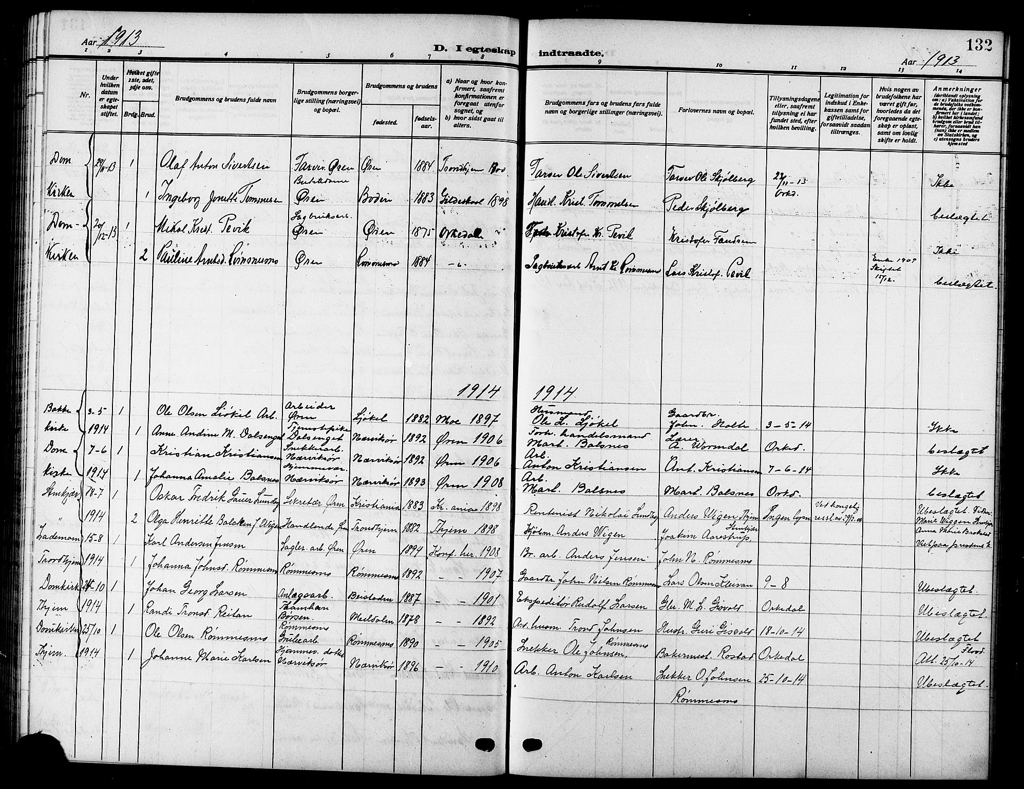 Ministerialprotokoller, klokkerbøker og fødselsregistre - Sør-Trøndelag, SAT/A-1456/669/L0831: Parish register (copy) no. 669C01, 1909-1924, p. 132