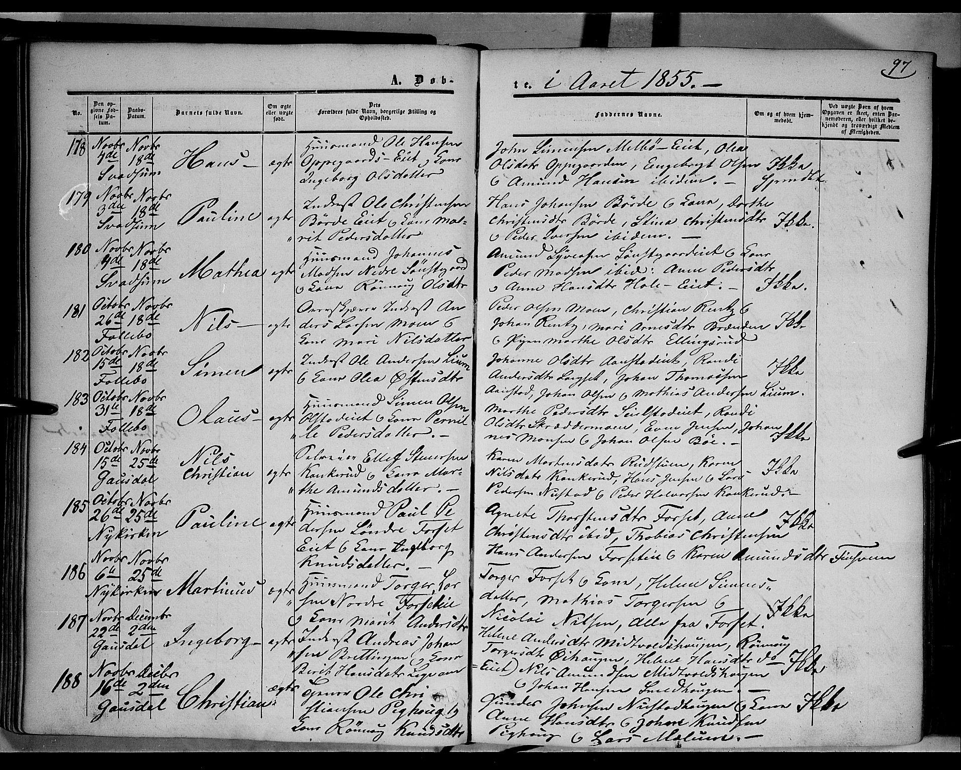 Gausdal prestekontor, AV/SAH-PREST-090/H/Ha/Haa/L0008: Parish register (official) no. 8, 1850-1861, p. 97