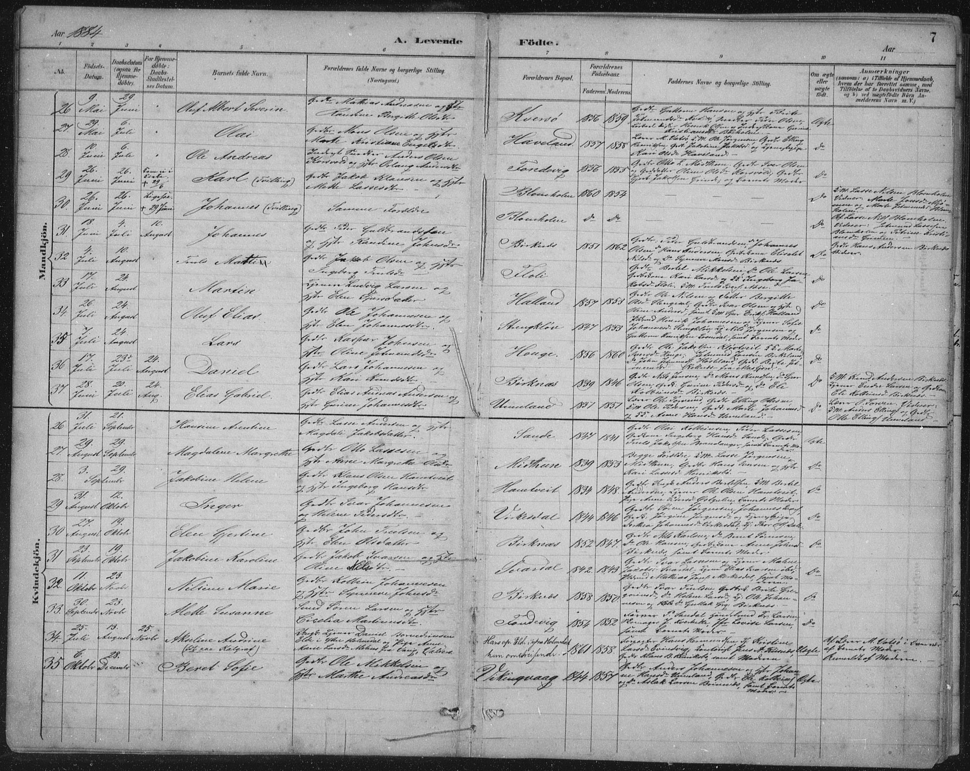 Gulen sokneprestembete, AV/SAB-A-80201/H/Hab/Habb/L0003: Parish register (copy) no. B 3, 1884-1907, p. 7