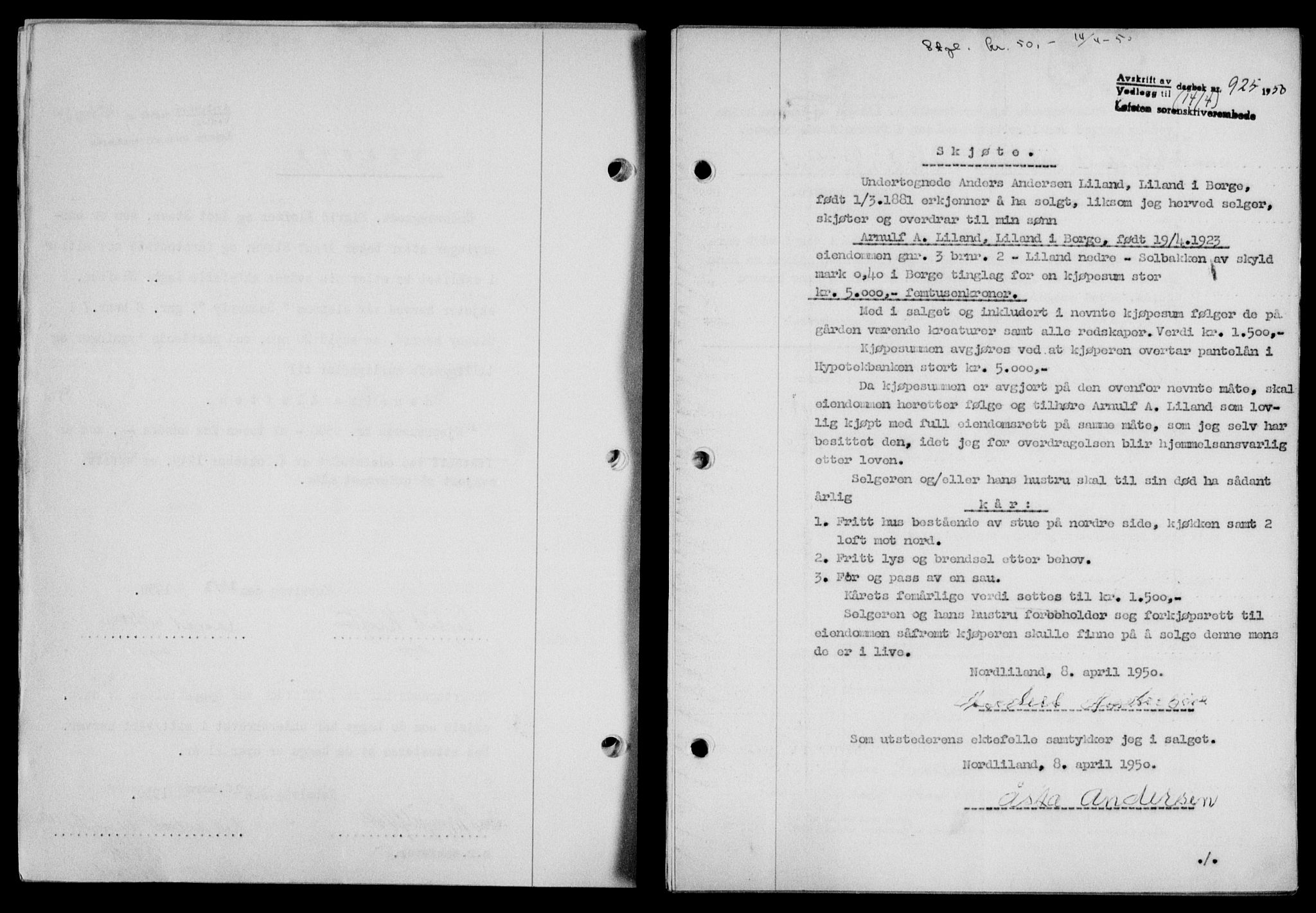 Lofoten sorenskriveri, SAT/A-0017/1/2/2C/L0023a: Mortgage book no. 23a, 1950-1950, Diary no: : 925/1950