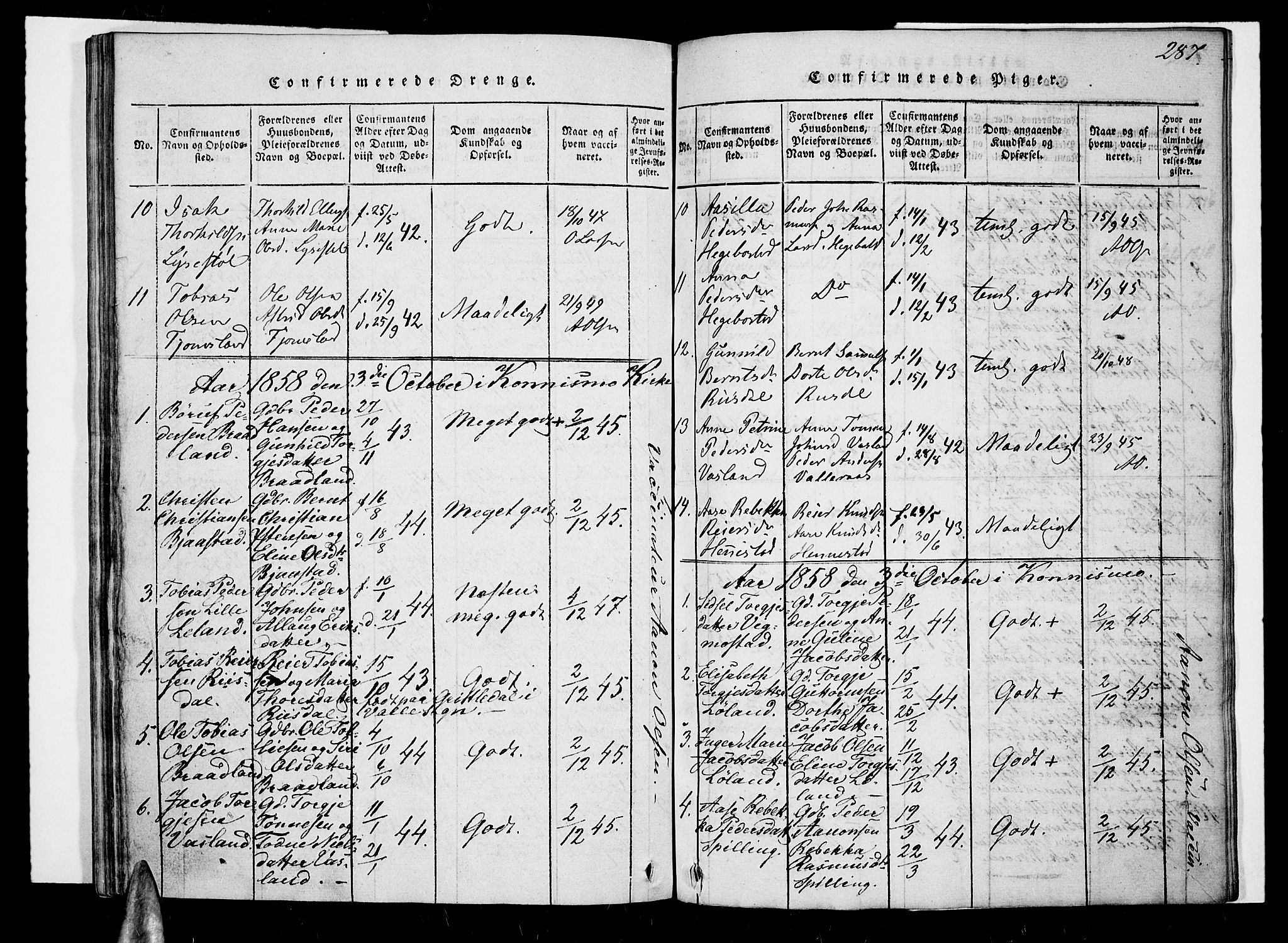 Nord-Audnedal sokneprestkontor, SAK/1111-0032/F/Fa/Fab/L0001: Parish register (official) no. A 1, 1816-1858, p. 287