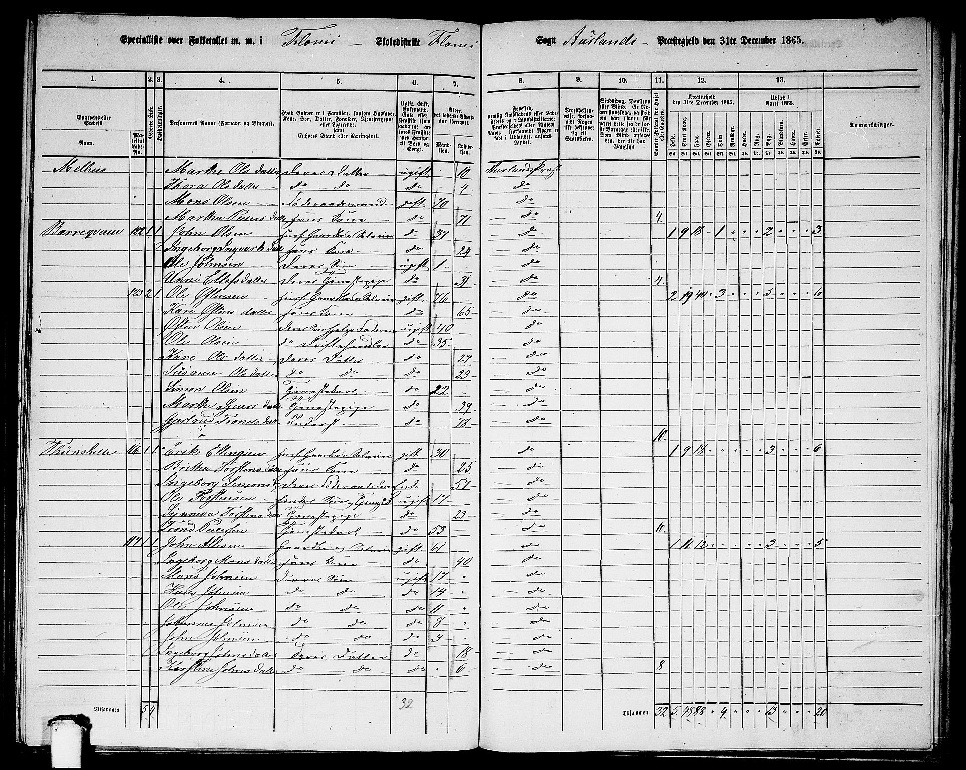 RA, 1865 census for Aurland, 1865, p. 80