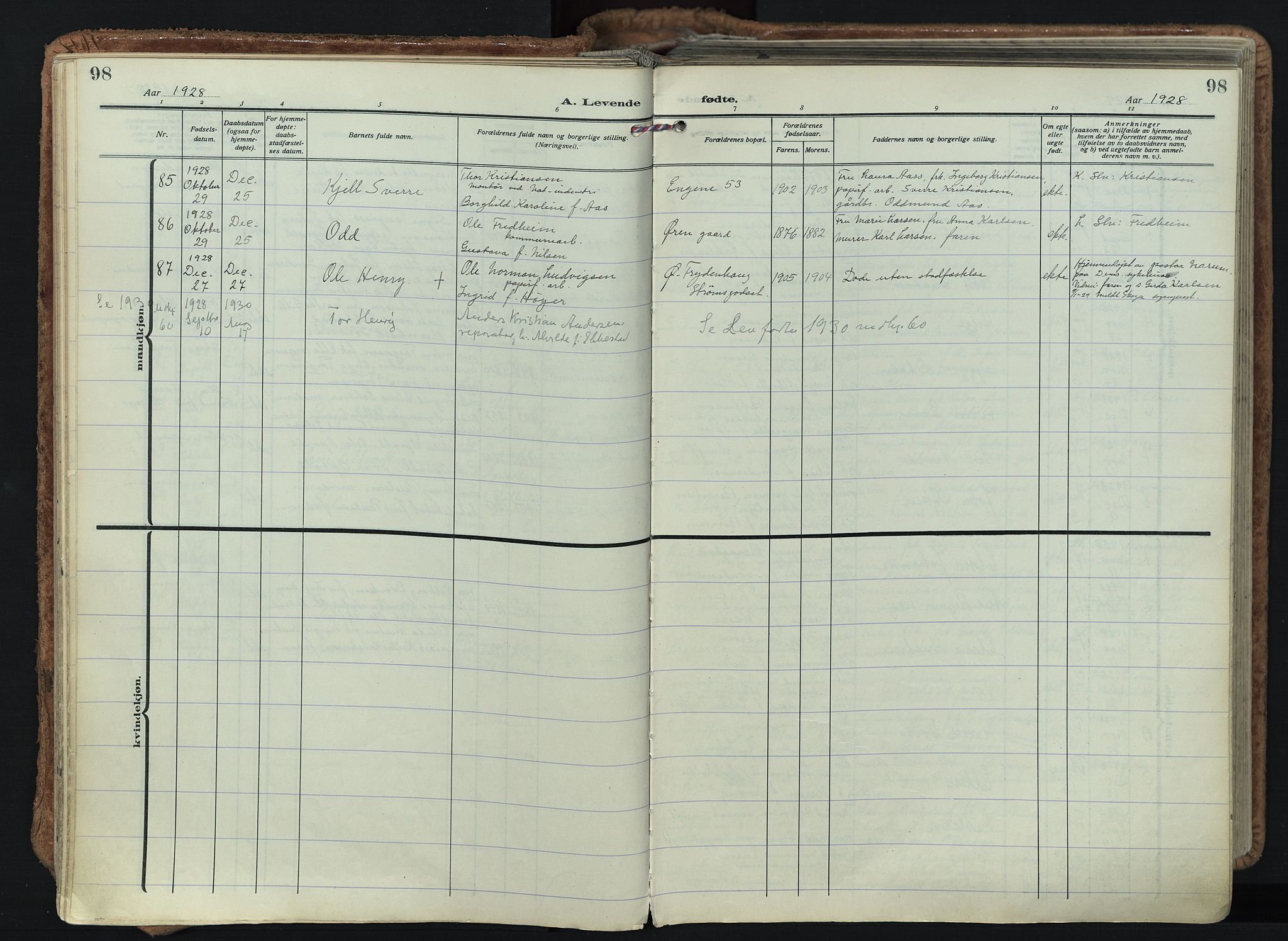 Bragernes kirkebøker, AV/SAKO-A-6/F/Fb/L0011: Parish register (official) no. II 11, 1922-1945, p. 98