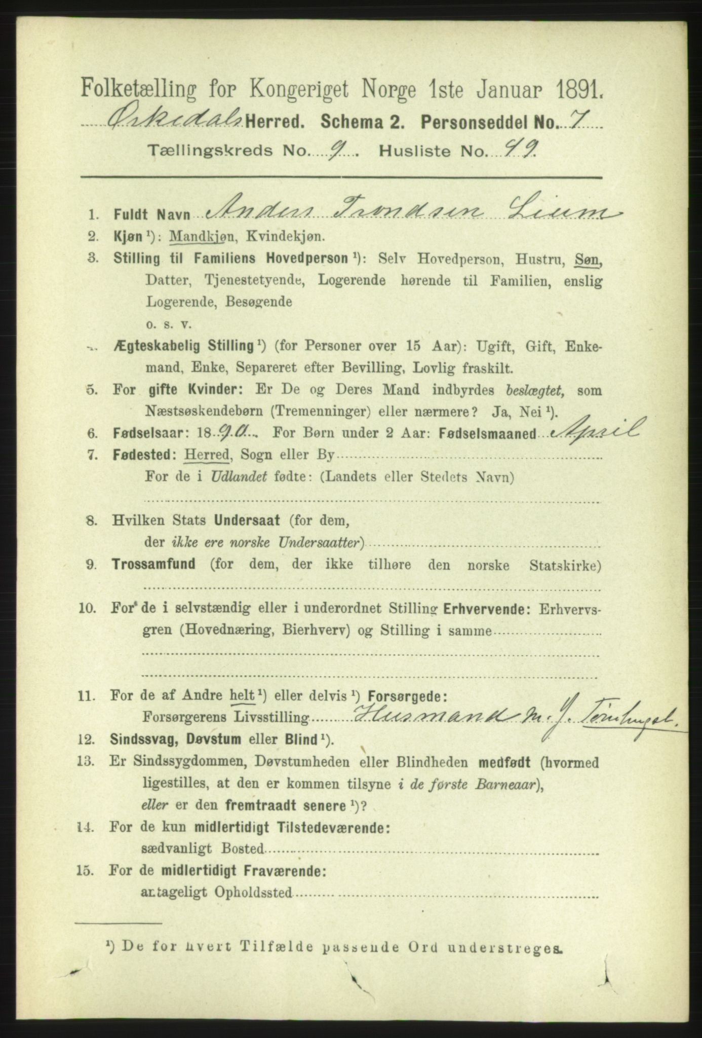 RA, 1891 census for 1638 Orkdal, 1891, p. 4534