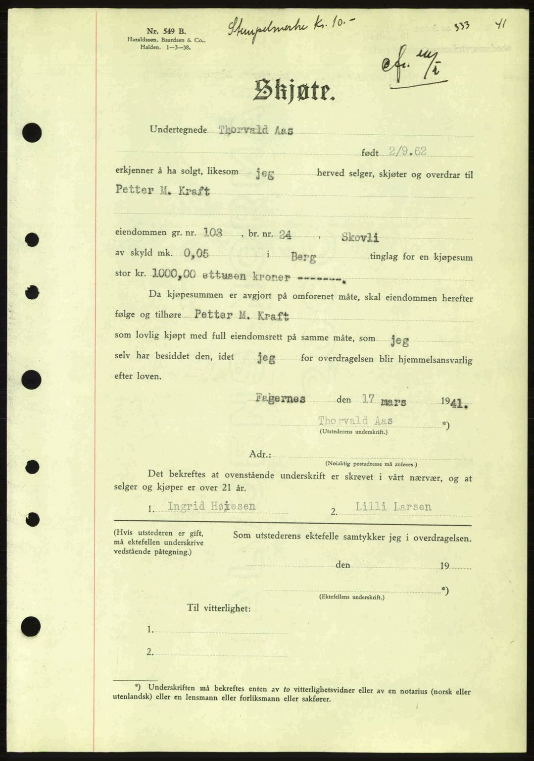 Idd og Marker sorenskriveri, AV/SAO-A-10283/G/Gb/Gbb/L0004: Mortgage book no. A4, 1940-1941, Diary no: : 333/1941