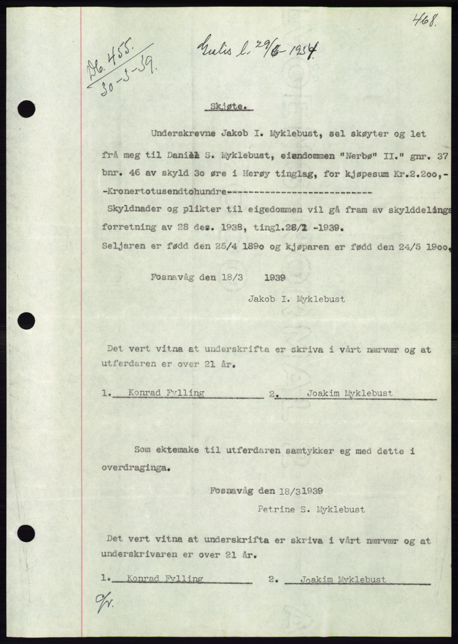 Søre Sunnmøre sorenskriveri, AV/SAT-A-4122/1/2/2C/L0067: Mortgage book no. 61, 1938-1939, Diary no: : 455/1939