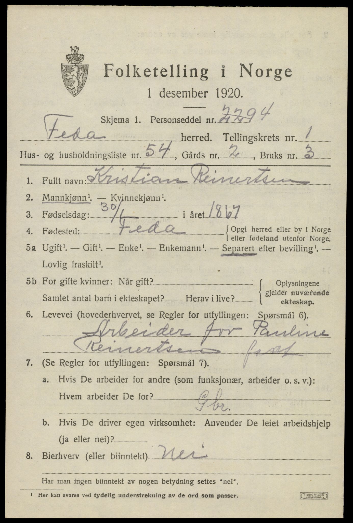 SAK, 1920 census for Feda, 1920, p. 911