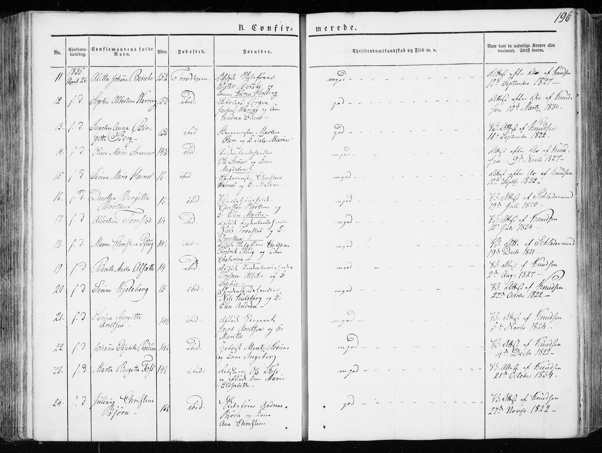 Ministerialprotokoller, klokkerbøker og fødselsregistre - Sør-Trøndelag, SAT/A-1456/601/L0047: Parish register (official) no. 601A15, 1831-1839, p. 196
